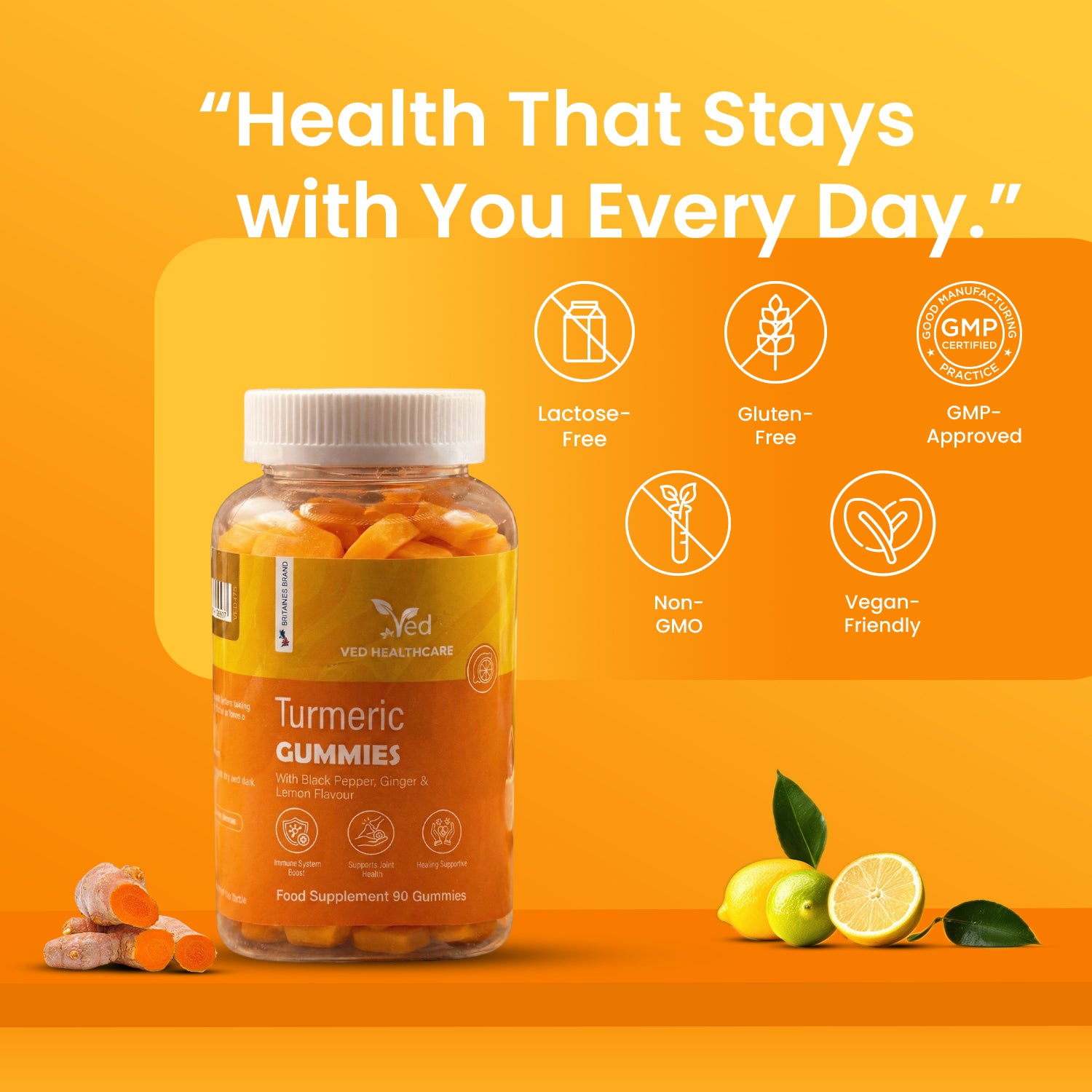 VED Turmeric Gummies with Ginger & Black Pepper, 90 Vegan Gummies, Turmeric Root Extract 2000mg, Ginger Root Extract 100mg, Black Pepper 1000µg, Natural Lemon Flavor, 3 Months Supply, Gluten-Free.