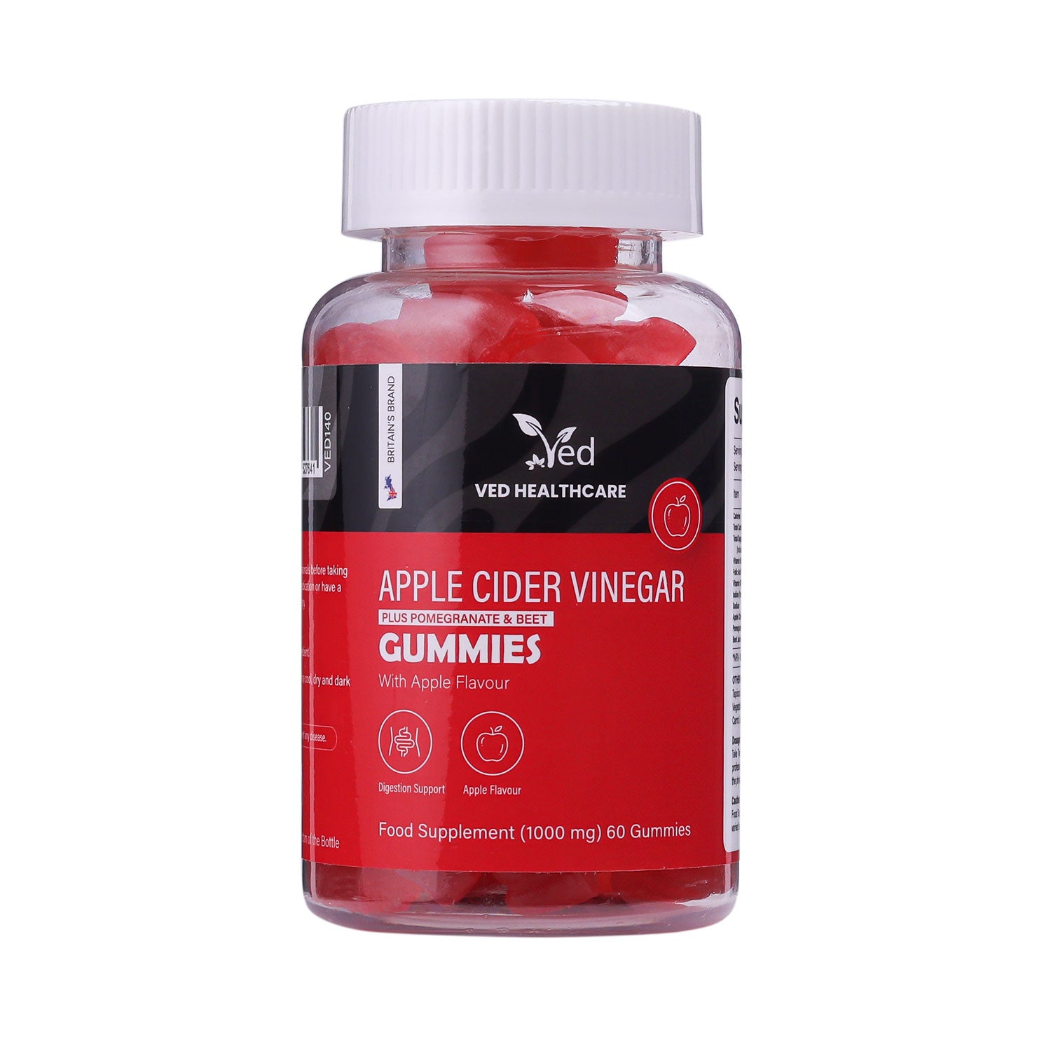 Ved Apple Cider Vinegar Gummies; Apple Flavor with Beet Root and Pomegranate Juice, Raw Unfiltered Apple Cider Vinegar Gummies, Vegetarian Vegan for Men and Women- 60 Chews 30 Days’ Supply