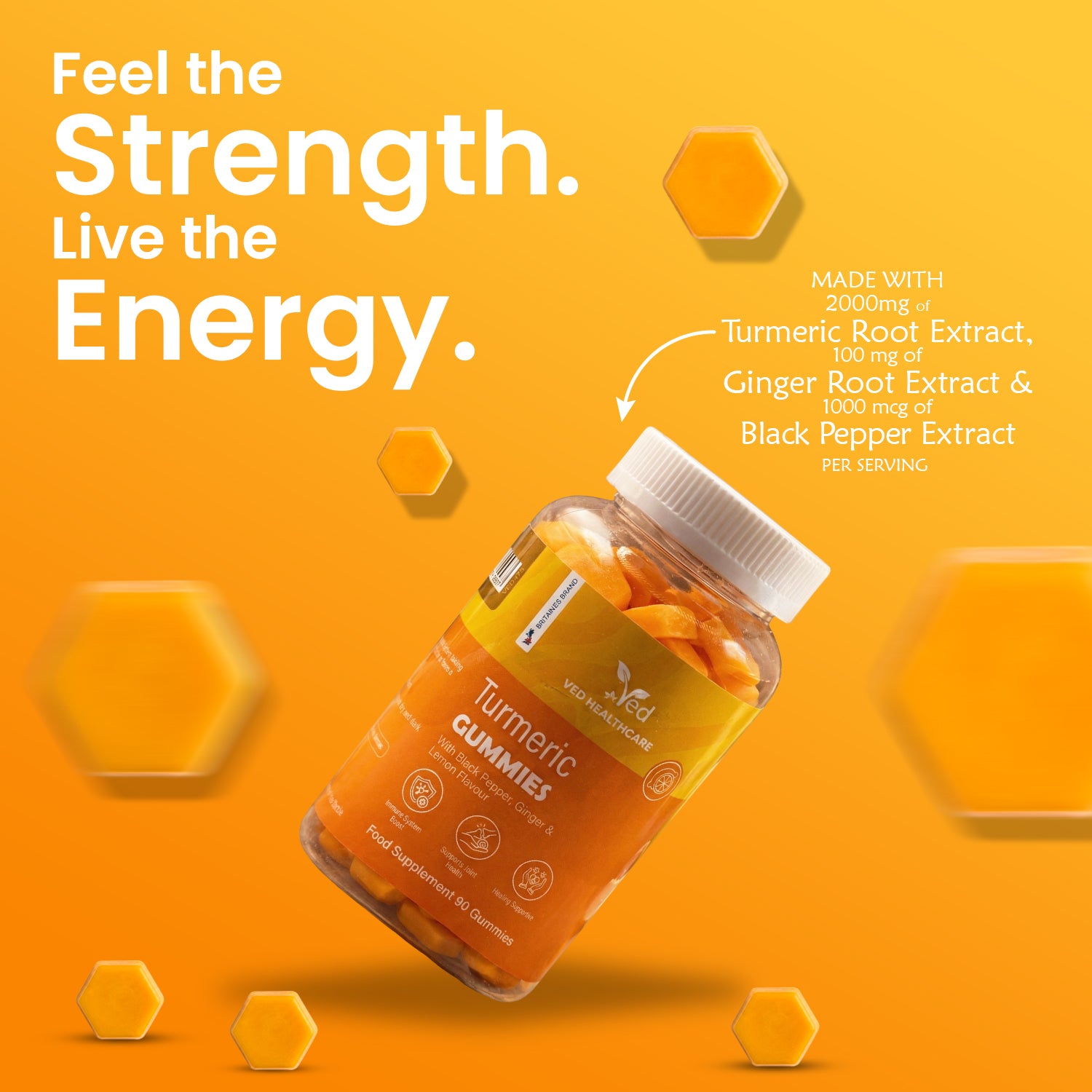 VED Turmeric Gummies with Ginger & Black Pepper, 90 Vegan Gummies, Turmeric Root Extract 2000mg, Ginger Root Extract 100mg, Black Pepper 1000µg, Natural Lemon Flavor, 3 Months Supply, Gluten-Free.