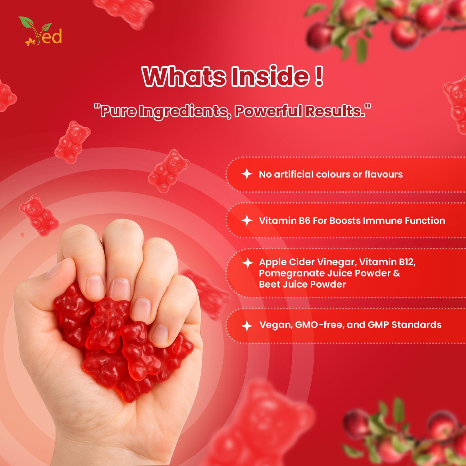 Ved Apple Cider Vinegar Gummies; Apple Flavor with Beet Root and Pomegranate Juice, Raw Unfiltered Apple Cider Vinegar Gummies, Vegetarian Vegan for Men and Women- 60 Chews 30 Days’ Supply
