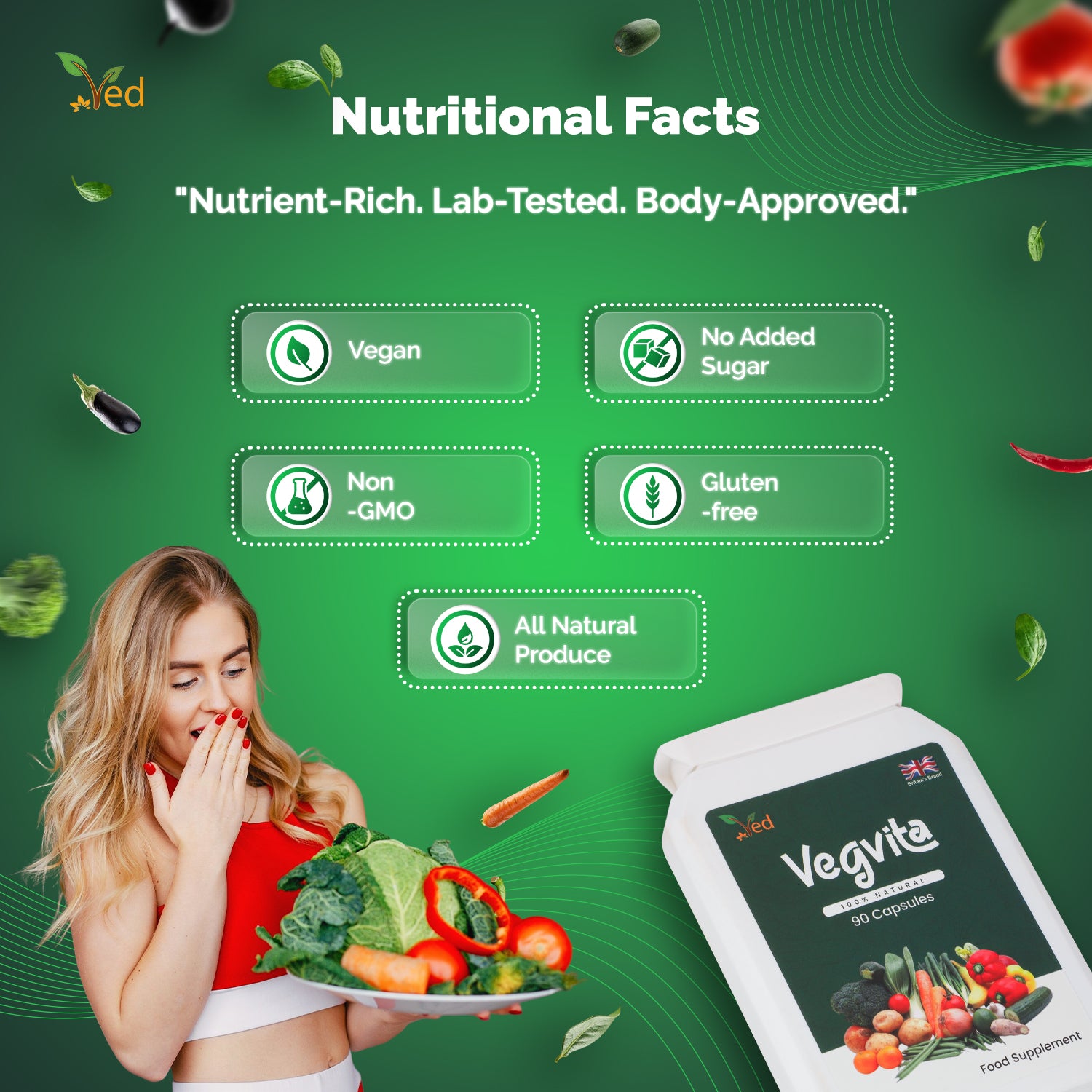 Ved Balance of Veggies Supplements, Fresh Formula with Vitamins and Minerals from Vegetables, 90 Vegan Capsules