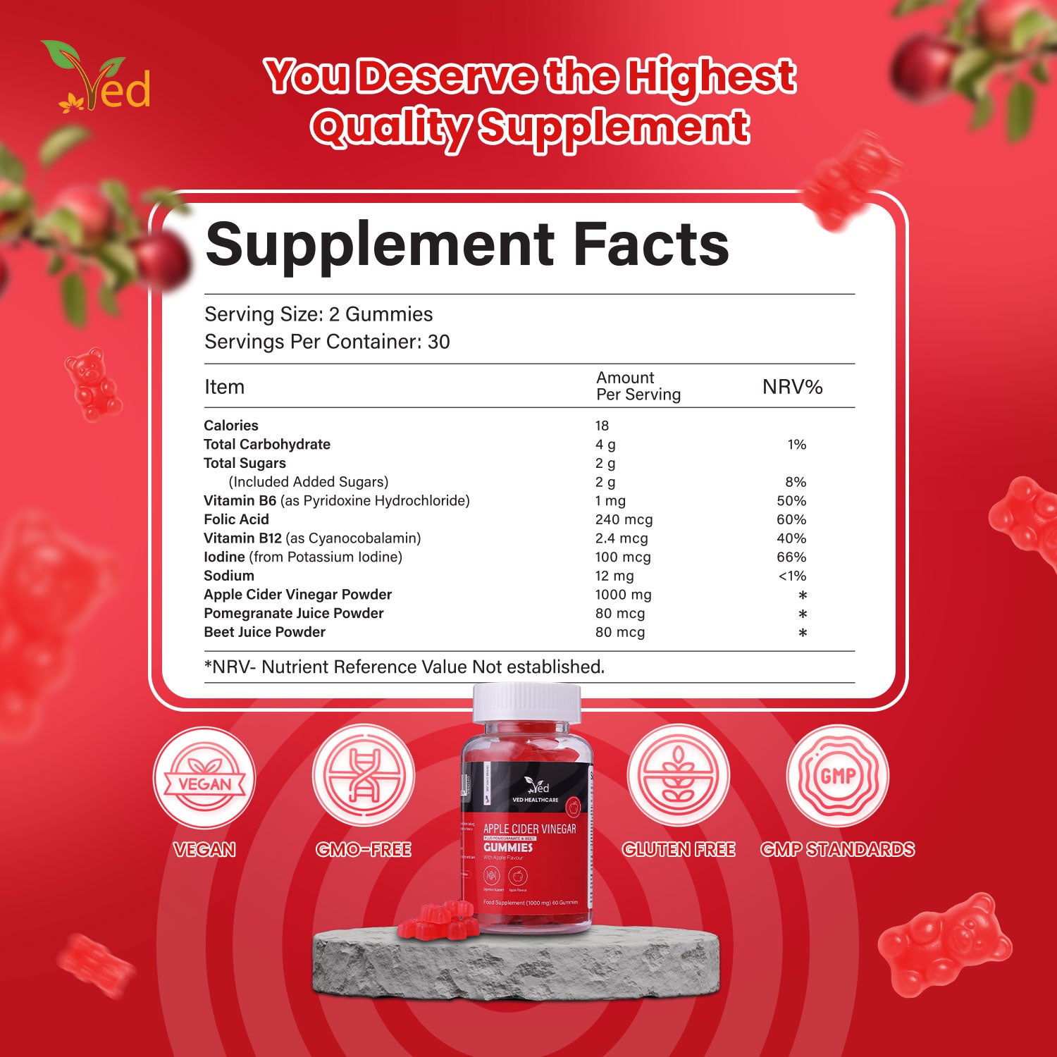 Ved Apple Cider Vinegar Gummies; Apple Flavor with Beet Root and Pomegranate Juice, Raw Unfiltered Apple Cider Vinegar Gummies, Vegetarian Vegan for Men and Women- 60 Chews 30 Days’ Supply