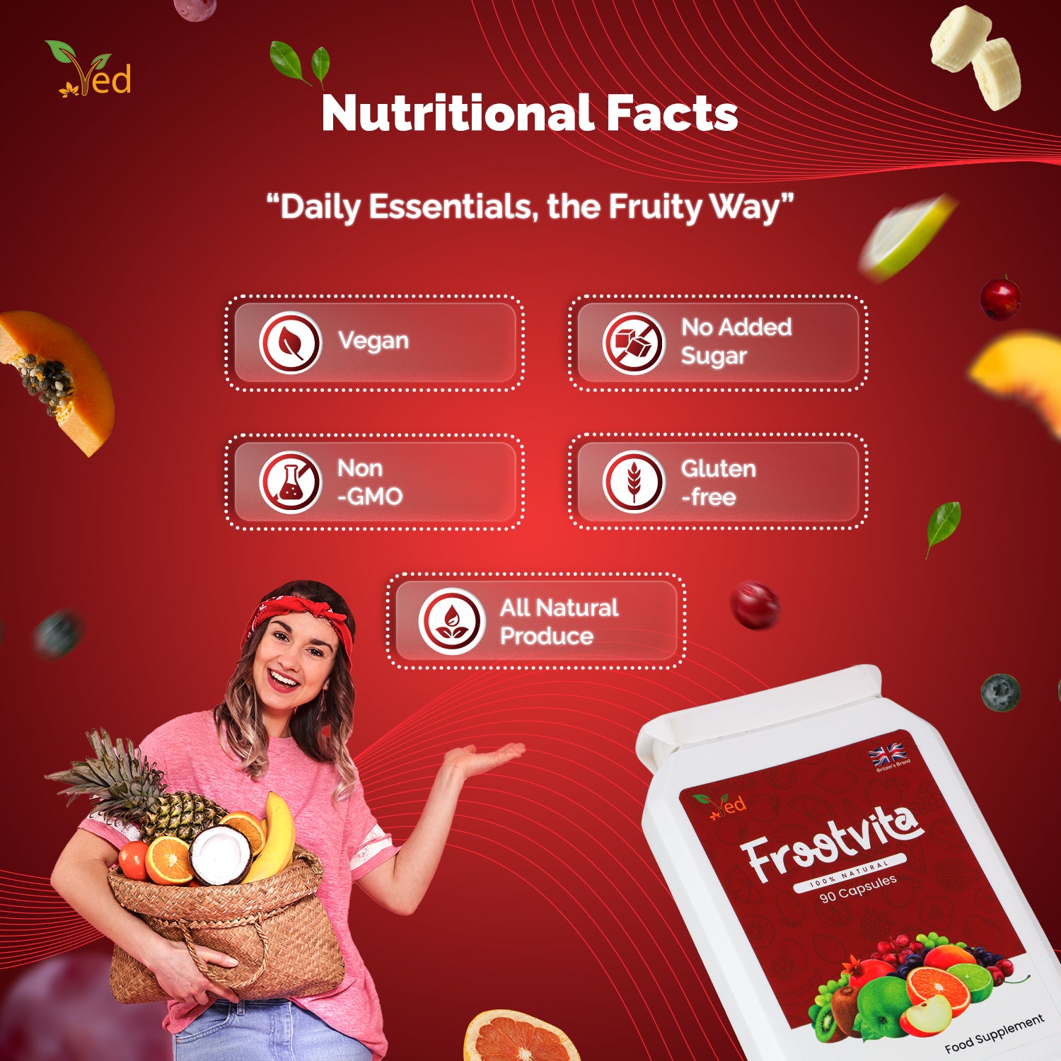 Ved Balance of Fruits Supplements, Fresh Formula with Vitamins and Minerals from Fruits, 90 Vegan Capsules