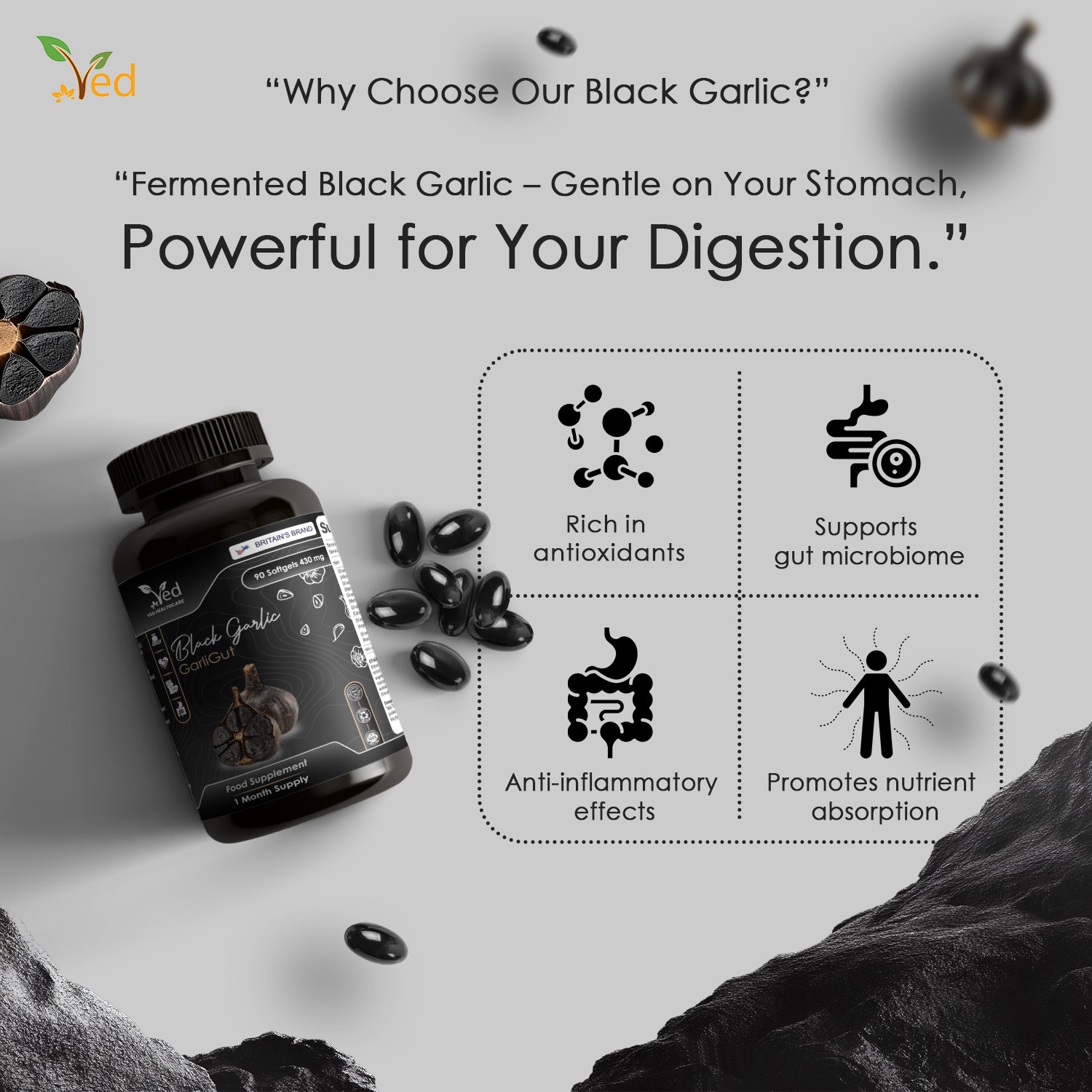 VED GarliGut, 90 Softgels, Fermented & Odorless Black Garlic Supplement with chamomile flower, peppermint leaf, caraway fruit, angelica archangelica root, rosemary leaf, Non-GMO, Halal, 3 Softgels/Day