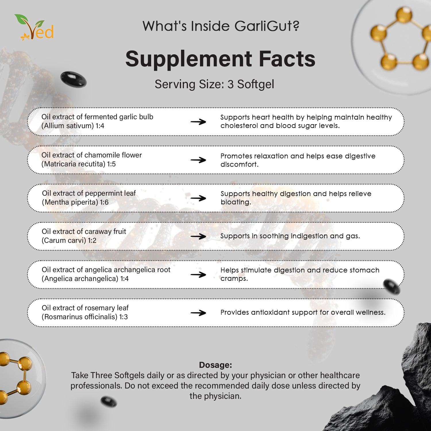 VED GarliGut, 90 Softgels, Fermented & Odorless Black Garlic Supplement with chamomile flower, peppermint leaf, caraway fruit, angelica archangelica root, rosemary leaf, Non-GMO, Halal, 3 Softgels/Day