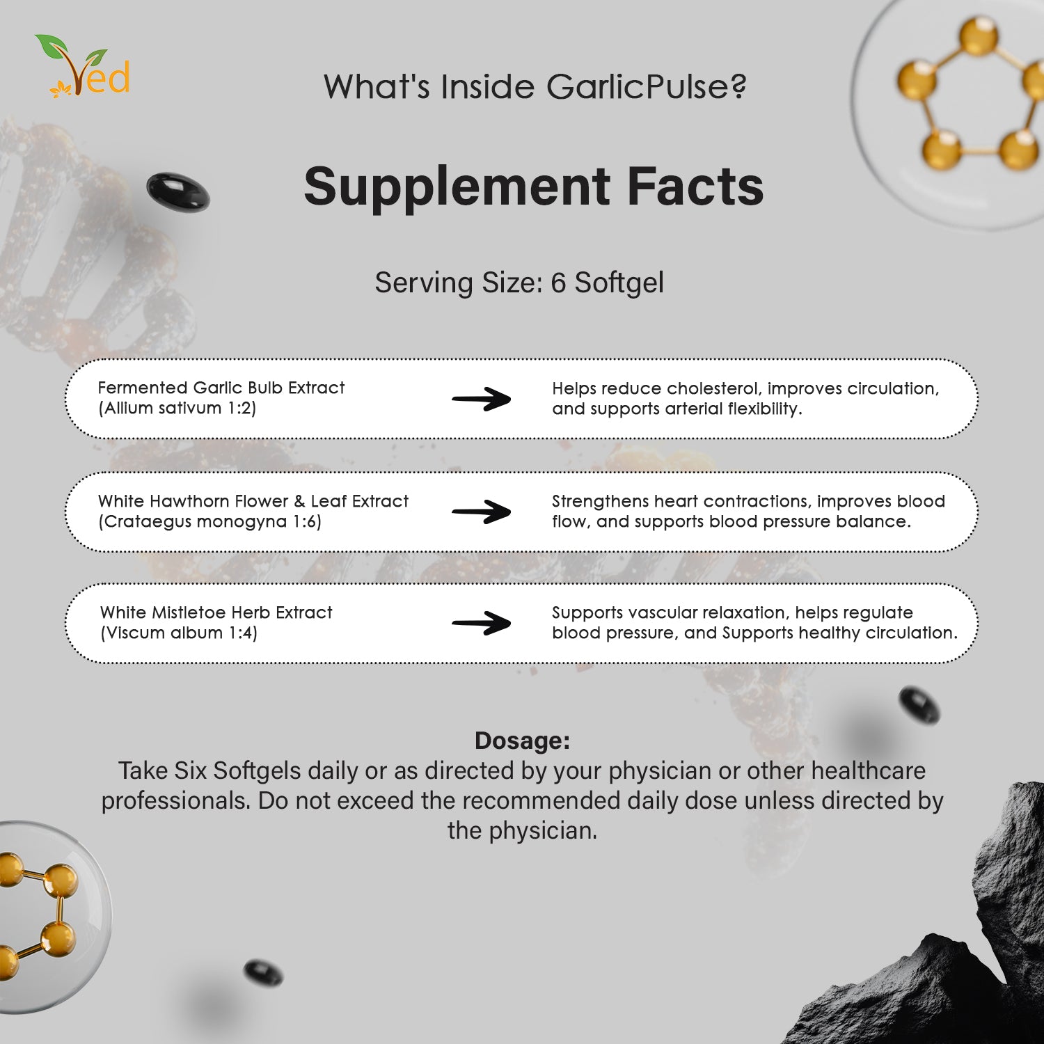 VED GarlicPulse, 90 Softgels, Fermented & Odorless Black Garlic Supplement with White Hawthorn Flower and Leaf, White Mistletoe herb, Non-GMO, Halal, 6 Softgels per Day