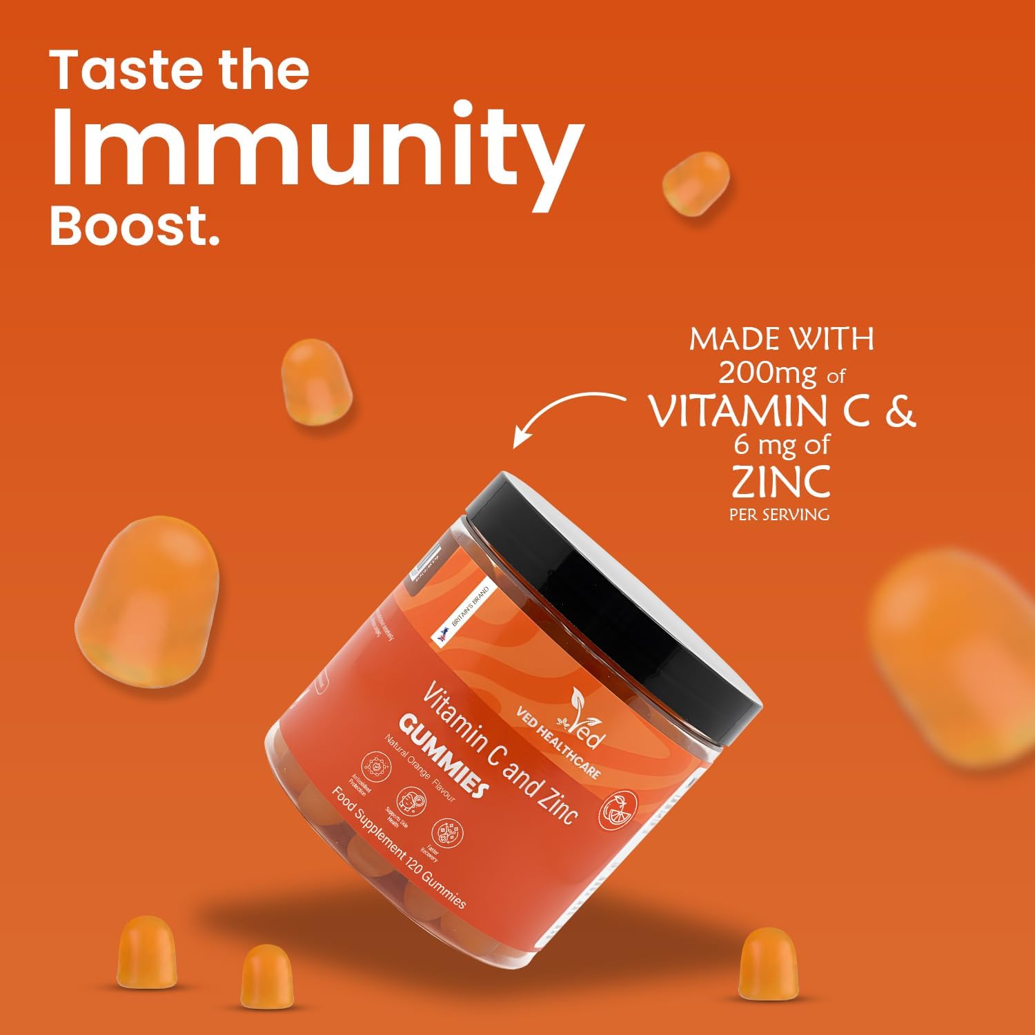 Vitamin C and Zinc Gummies, 120 Tasty Gummies, Natural Orange Flavour, 2 per Day, Gluten-GummiesFree, Non-GMO & Vegan-Friendly, Easy to Chew,...