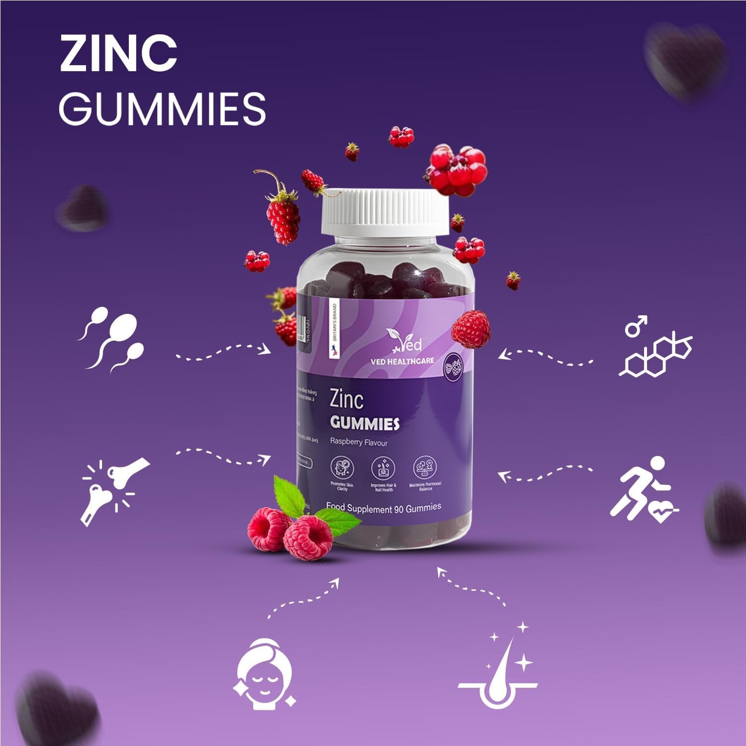 Zinc Gummies 50mg, 45 Days Supply, 90 Gummies, Zinc Supplement for Men & Women, Easy to Chew, Natural Raspberry Flavour, Vegan, Immune, Skin, Hair, Nail, Non-GMO & Magnesium Stearate-Free - by Ved