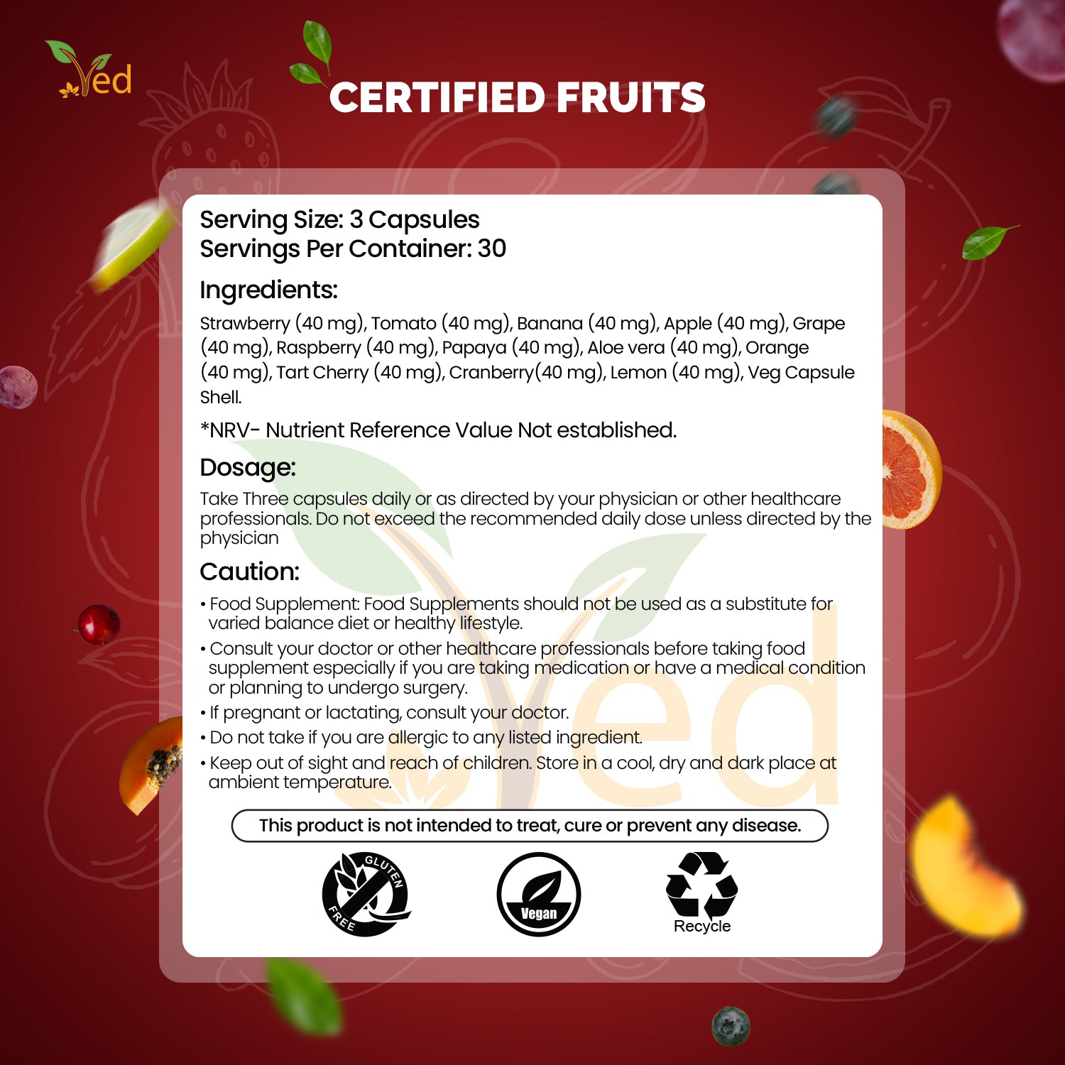 Ved Balance of Fruits Supplements, Fresh Formula with Vitamins and Minerals from Fruits, 90 Vegan Capsules