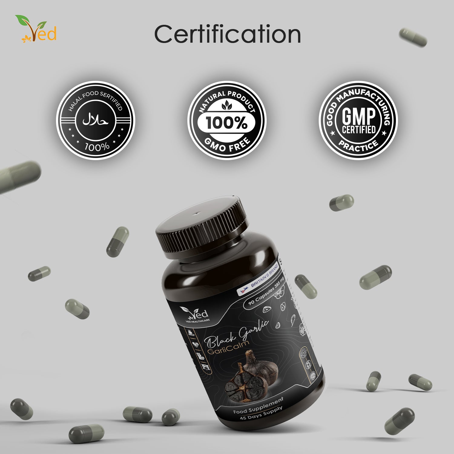 VED GarliCalm, 90 Capsules, Fermented & Odourless Black Garlic Supplement with Motherwort, Iodine & Vitamin E, Non-GMO, Halal, 2 Capsules per Day.