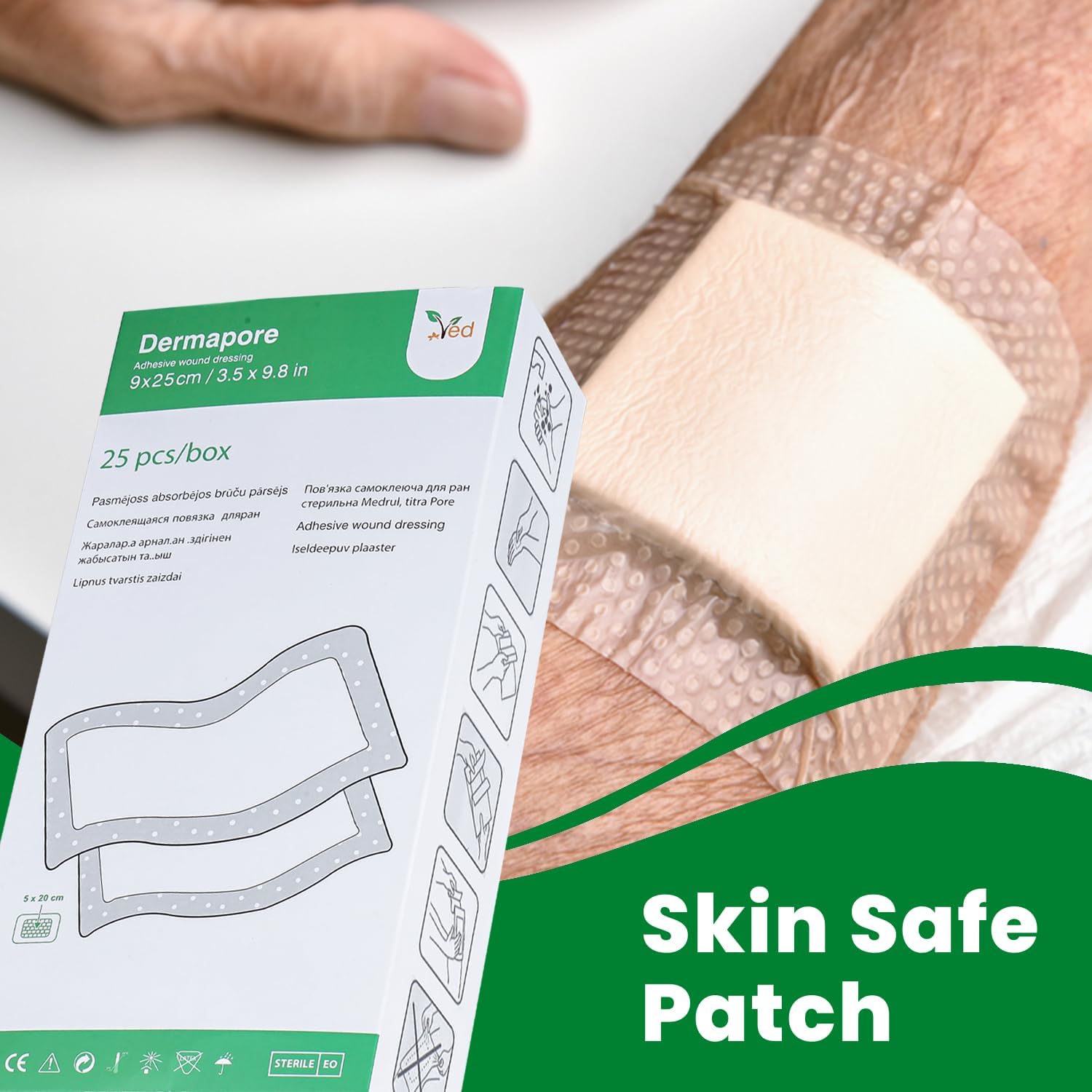 VED Dermapore Adhesive Wound Dressing- Suitable for cuts and grazes, Diabetic Leg ulcers, venous Leg ulcers, Small Pressure sores- Medium, 9 x 25 cm (Pack of 25).