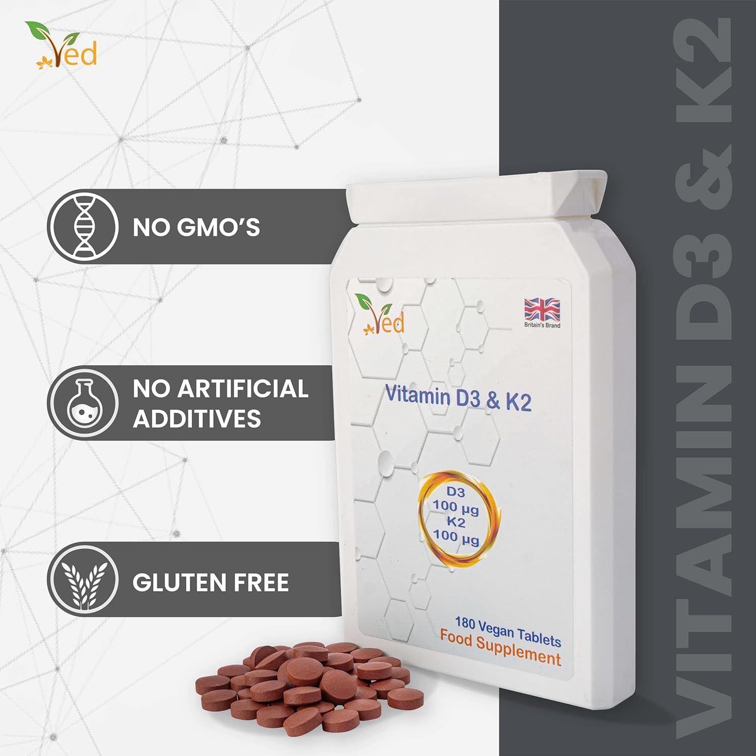 VED Vitamin D3 K2 1000 IU , 180 Vegan Tablets, 6 Month Supply