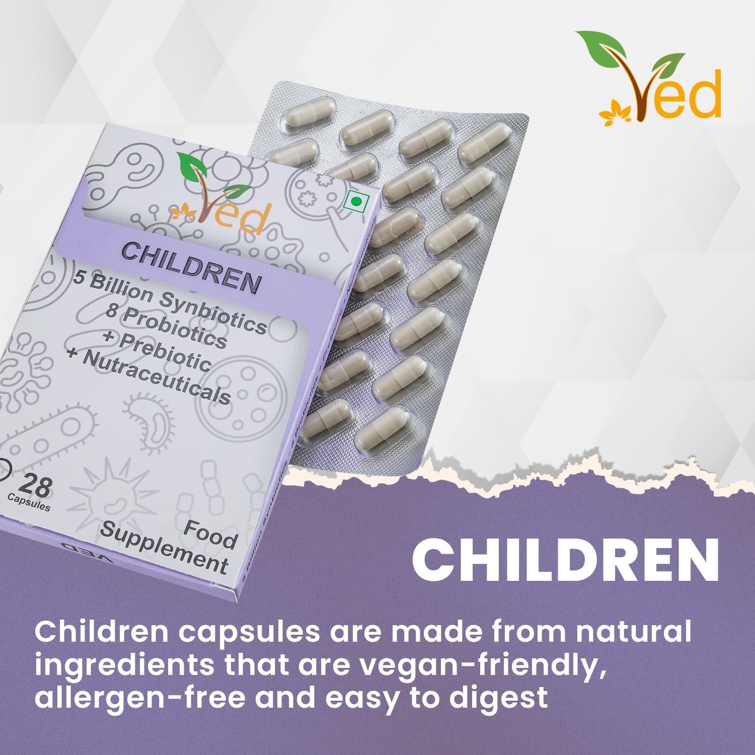 Ved Children Complex Probiotics and Prebiotics Complex - 5 Billion CFU - 20 Live Bacterial Cultures - 28 Probiotic Complex Capsules for Children - Lactobacillus helveticus, silicon dioxide(Peck of 2)