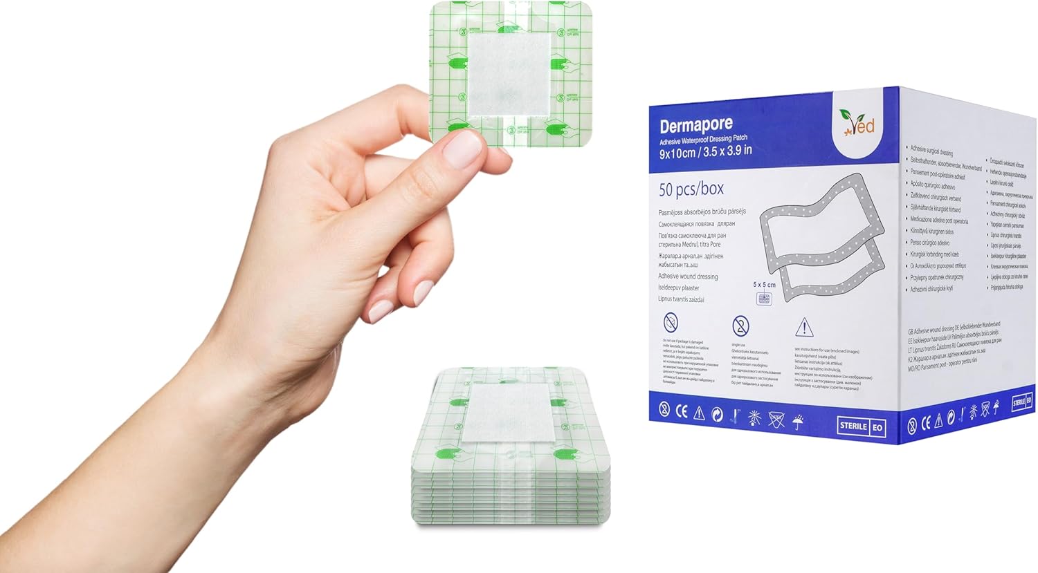 VED Dermapore Waterproof Adhesive Wound Dressing- Suitable for cuts and grazes, Diabetic Leg ulcers, venous Leg ulcers, Small Pressure sores- Medium, 9 x 10cm (Pack of 50).
