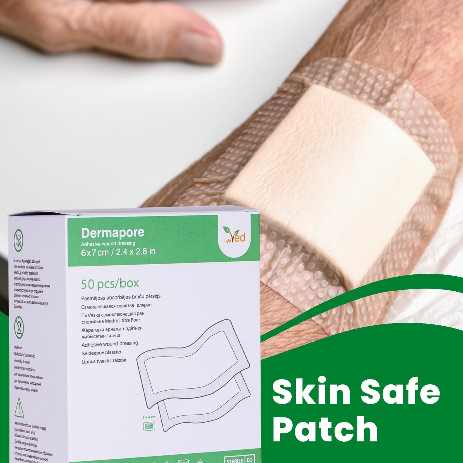 VED Dermapore Adhesive Wound Dressing- Suitable for cuts and grazes, Diabetic Leg ulcers, venous Leg ulcers, Small Pressure sores- Medium, 6 x 7cm (Pack of 50).
