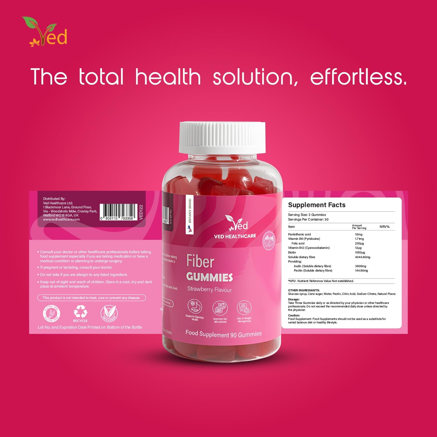 Fiber Vegan Gummies, 90 Gummies, 1 Month Supply, Strawberry Flavour, Vitamin B12 & B6, 3 Per Day, Gluten-Free - by VED