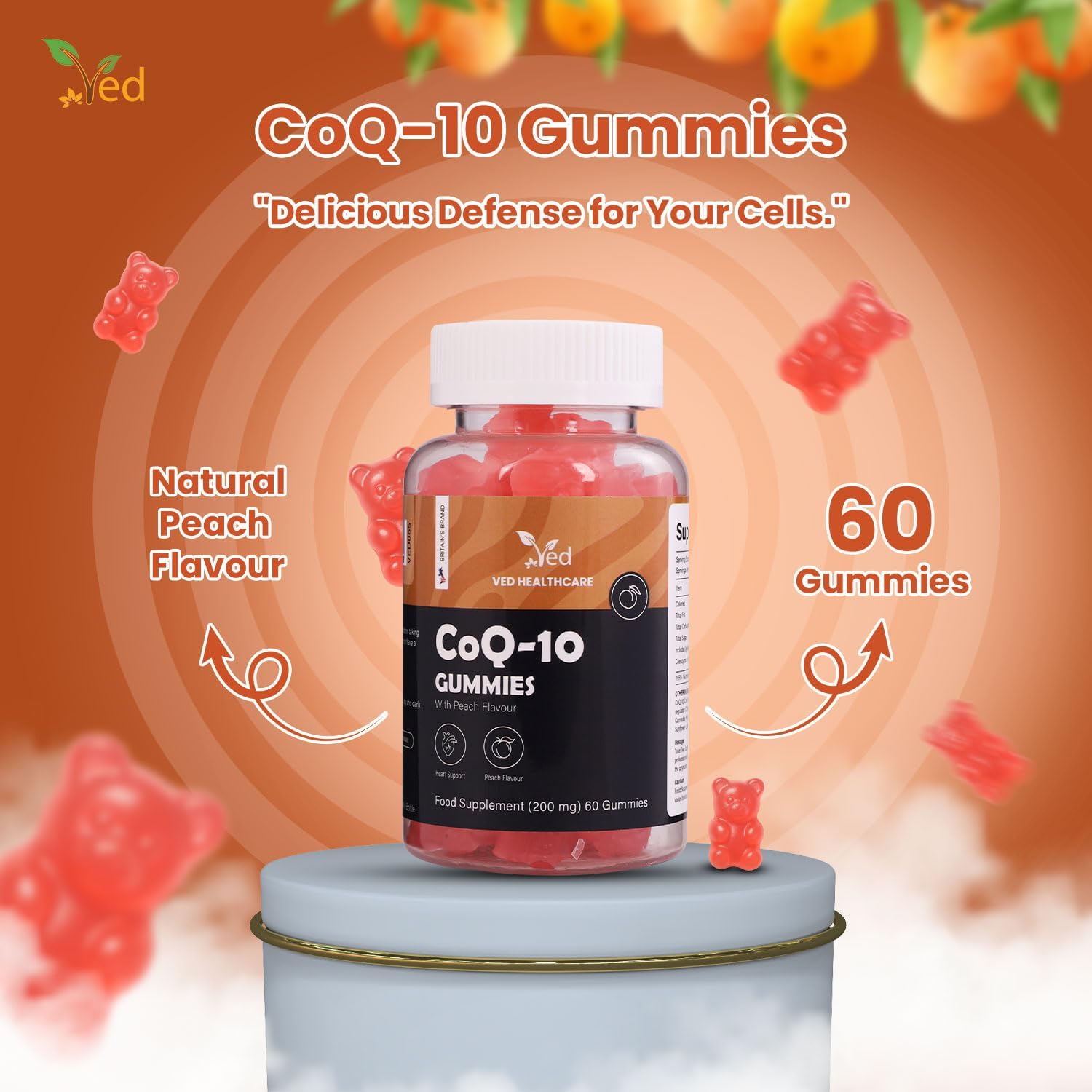 Ved CoQ10 Gummies, 60 Count, Natural Peach Flavor,Vegan, Non-GMO, Gluten Free.
