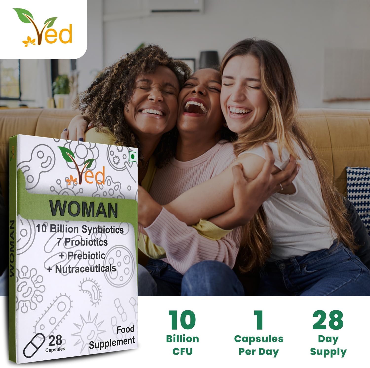 Ved Woman Complex Probiotics and Prebiotics Complex - 10 Billion CFU - 20 Live Bacterial Cultures - 28 Probiotic Complex Capsules for Children - Lactobacillus crispatus, Silicon dioxide.(Peck of 2)