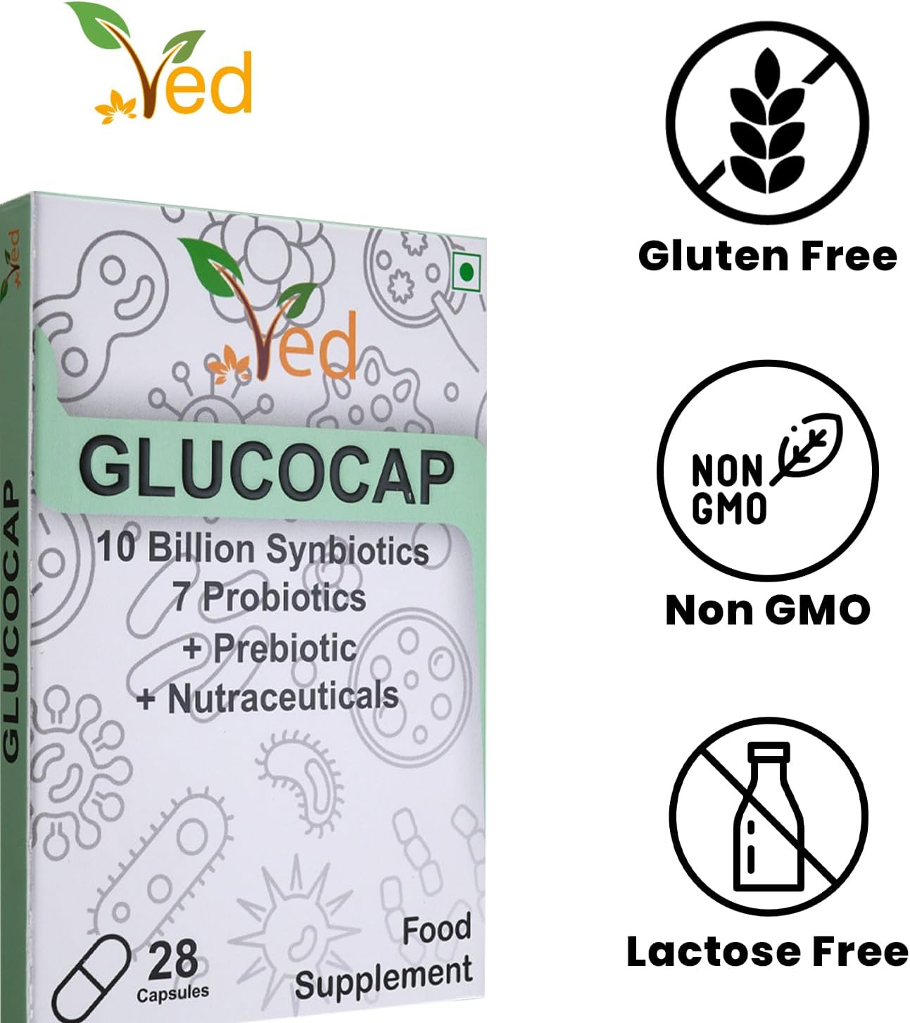 Ved Glucocap Complex Probiotics and Prebiotics Complex - 10 Billion CFU - 20 Live Bacterial Cultures - 28 Probiotic Complex Capsules for Children - Lactobacillus Plantarum, Bacillus coagulans.(Peck of 2)
