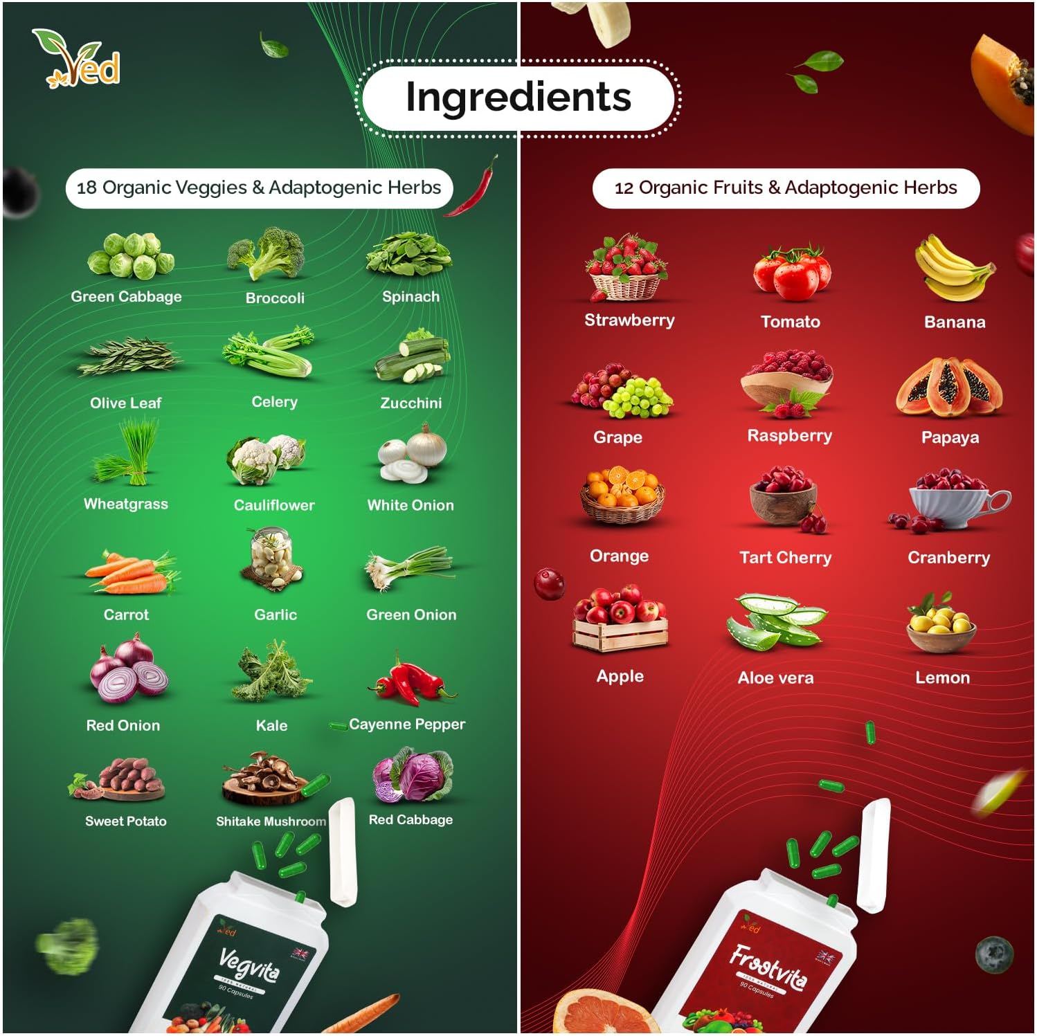 Ved Balance of Fruits and Veggies Supplements, Fresh Formula with Vitamins and Minerals from Fruits and Vegetables, (90 Vegan Capsules (Pack of 2))