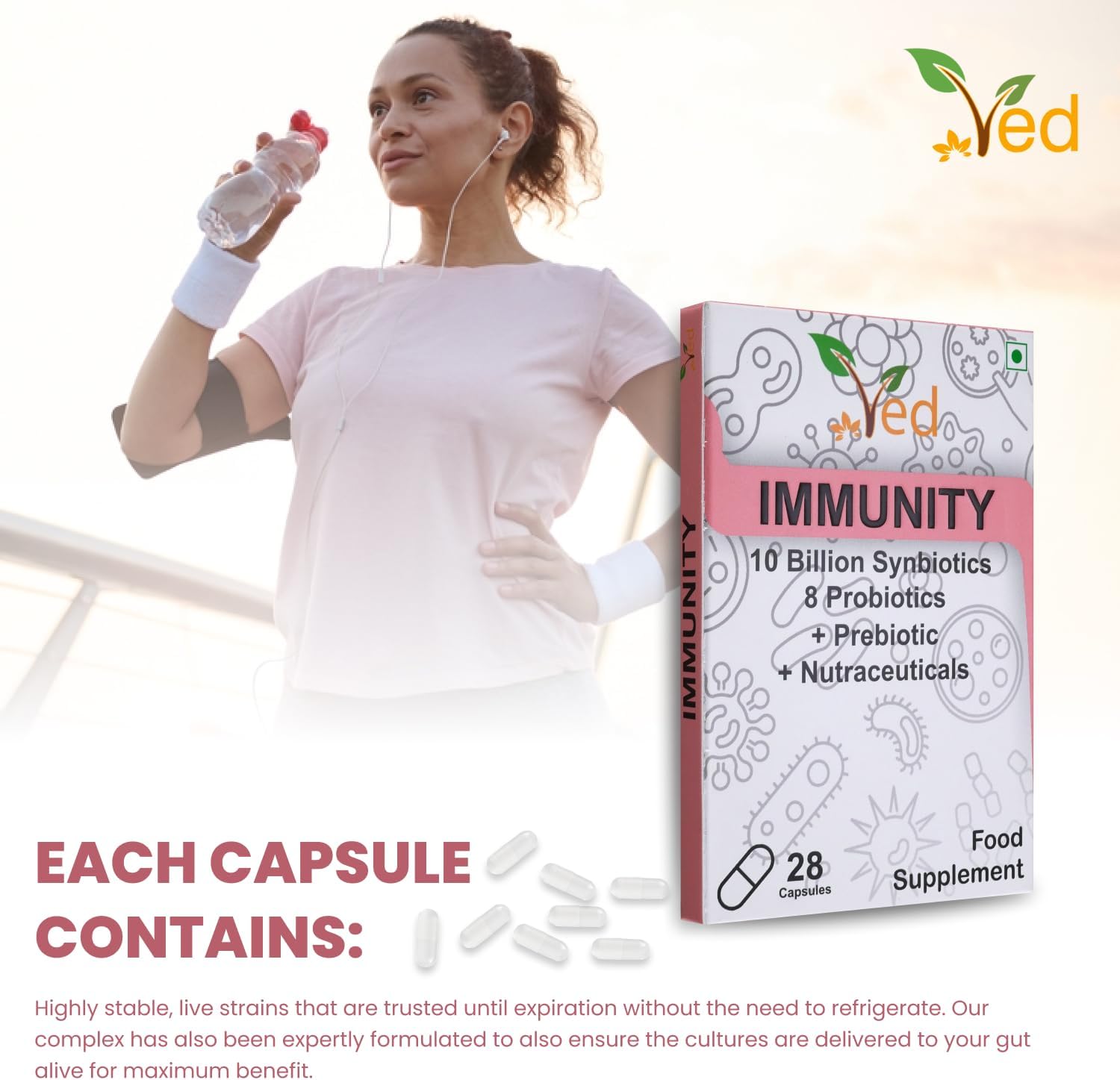 Ved Immunity Complex Probiotics and Prebiotics Complex - 10 Billion CFU - 20 Live Bacterial Cultures - 28 Probiotic Complex Capsules for Children - Lactobacillus Plantarum, Casei.(Peck of 2)