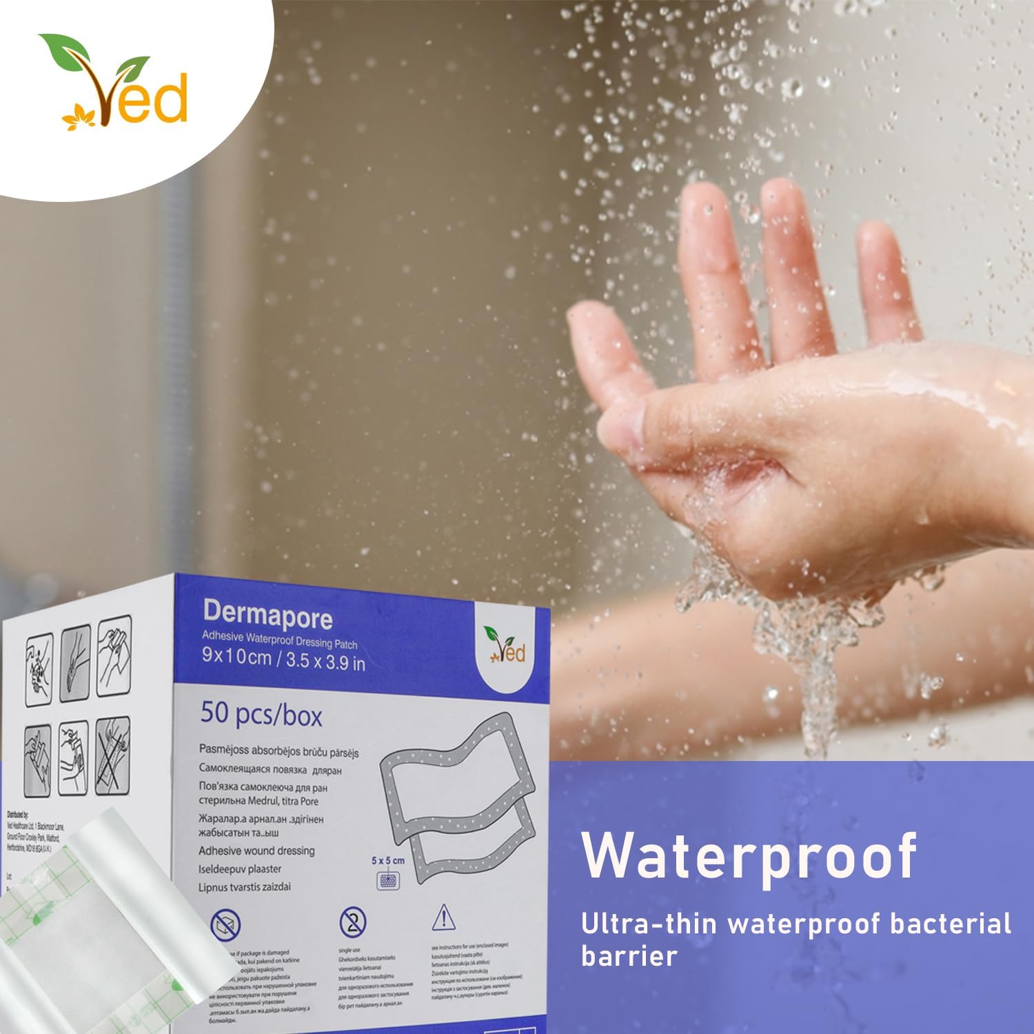 VED Dermapore Waterproof Adhesive Wound Dressing- Suitable for cuts and grazes, Diabetic Leg ulcers, venous Leg ulcers, Small Pressure sores- Medium, 9 x 10cm (Pack of 50).