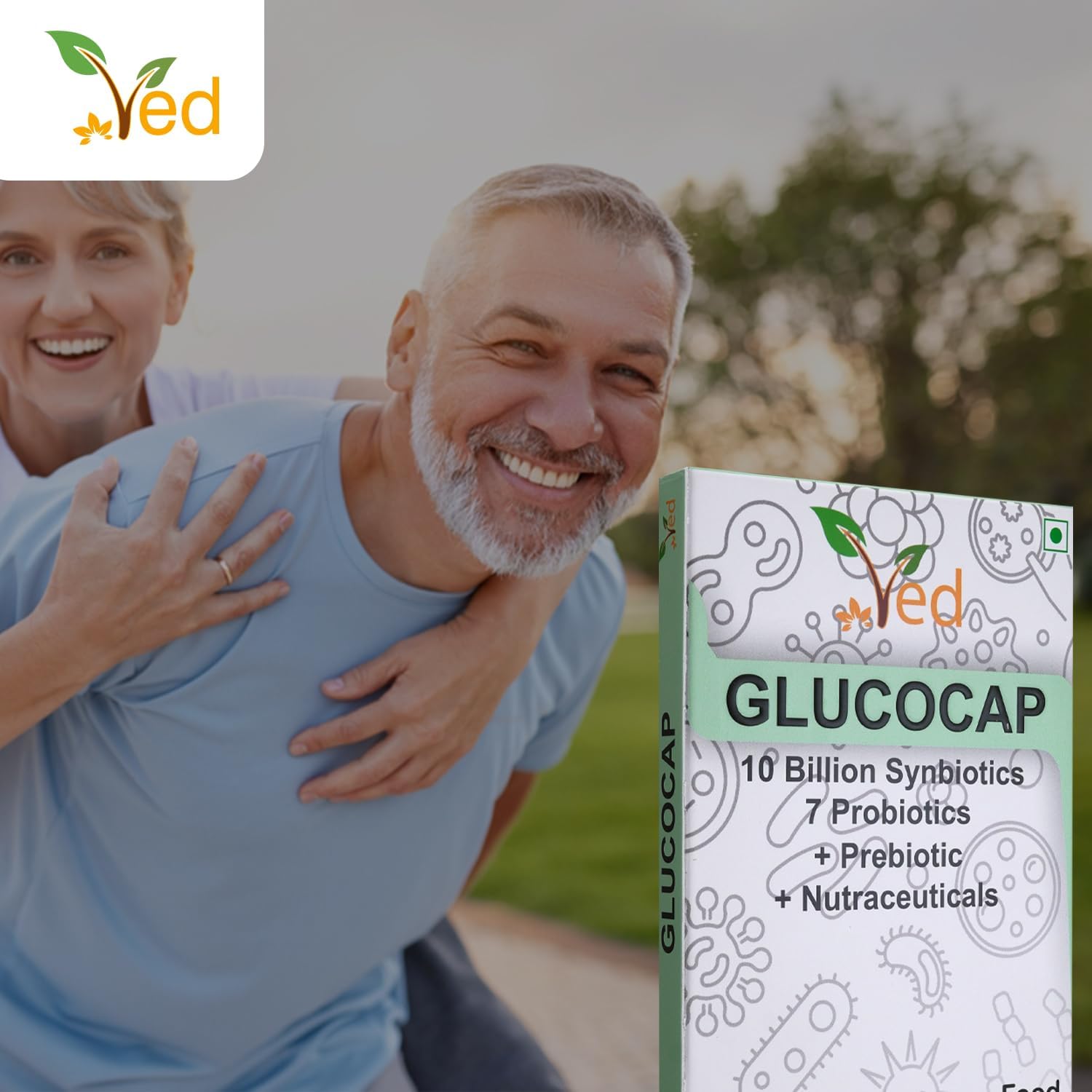 Ved Glucocap Complex Probiotics and Prebiotics Complex - 10 Billion CFU - 20 Live Bacterial Cultures - 28 Probiotic Complex Capsules for Children - Lactobacillus Plantarum, Bacillus coagulans.(Peck of 2)