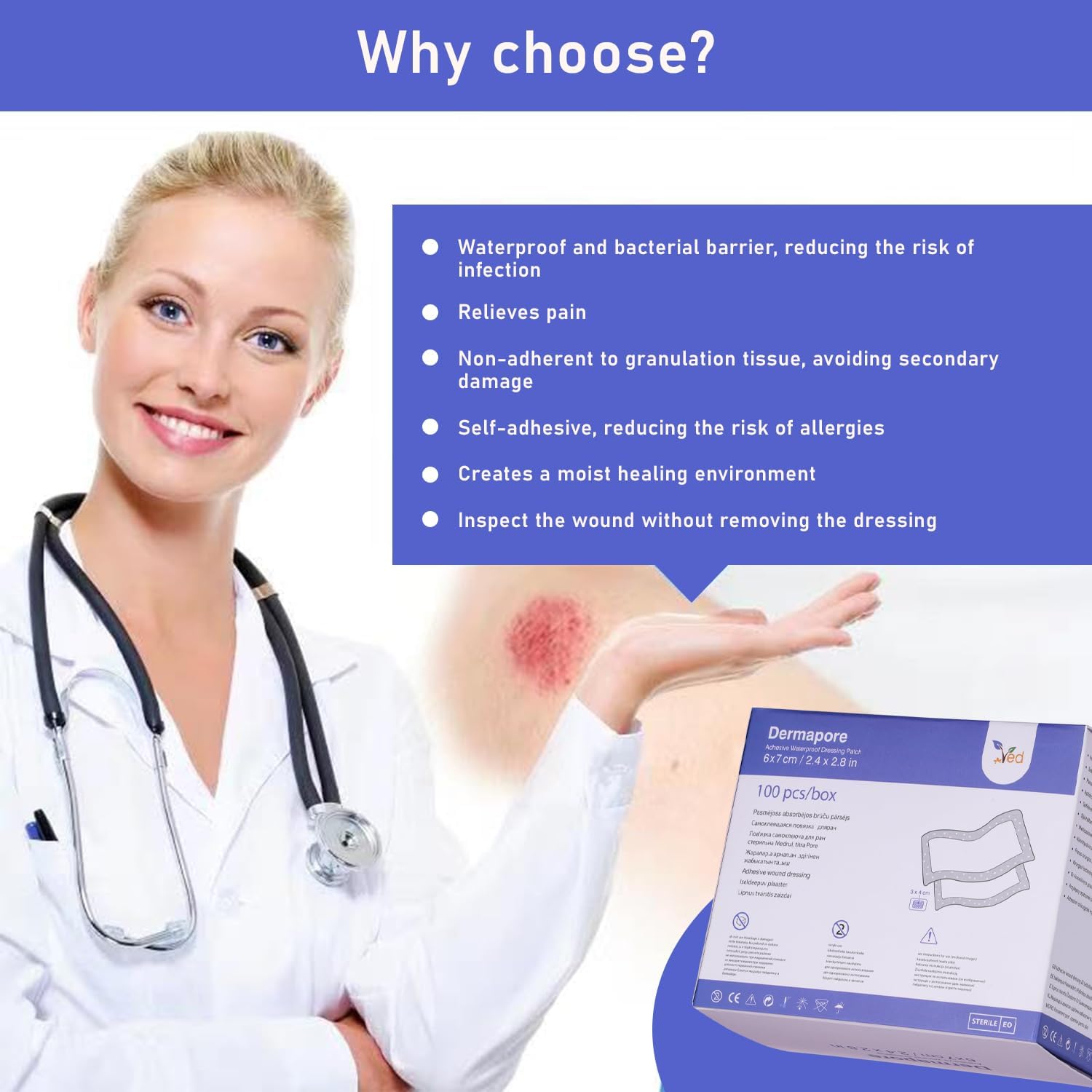 VED Dermapore Waterproof Adhesive Wound Dressing- Suitable for cuts and grazes, Diabetic Leg ulcers, venous Leg ulcers, Small Pressure sores- Medium, 6 x 7cm (Pack of 100).
