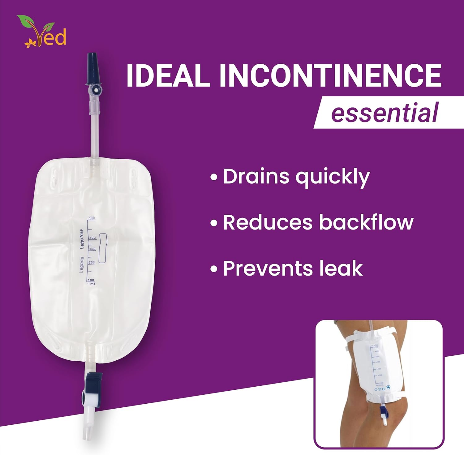 Ved Urine Fabric Leg Bag, T Tap or Lever Tap with Soft Fabric Backing and a Natural Leg-Shape Design, 500ml (Pack of 10).