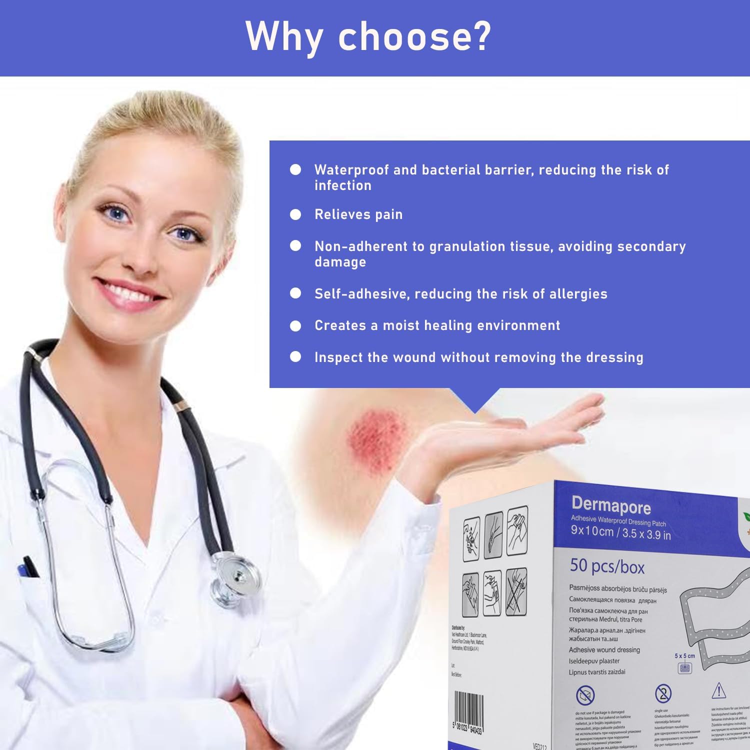 VED Dermapore Waterproof Adhesive Wound Dressing- Suitable for cuts and grazes, Diabetic Leg ulcers, venous Leg ulcers, Small Pressure sores- Medium, 9 x 10cm (Pack of 50).