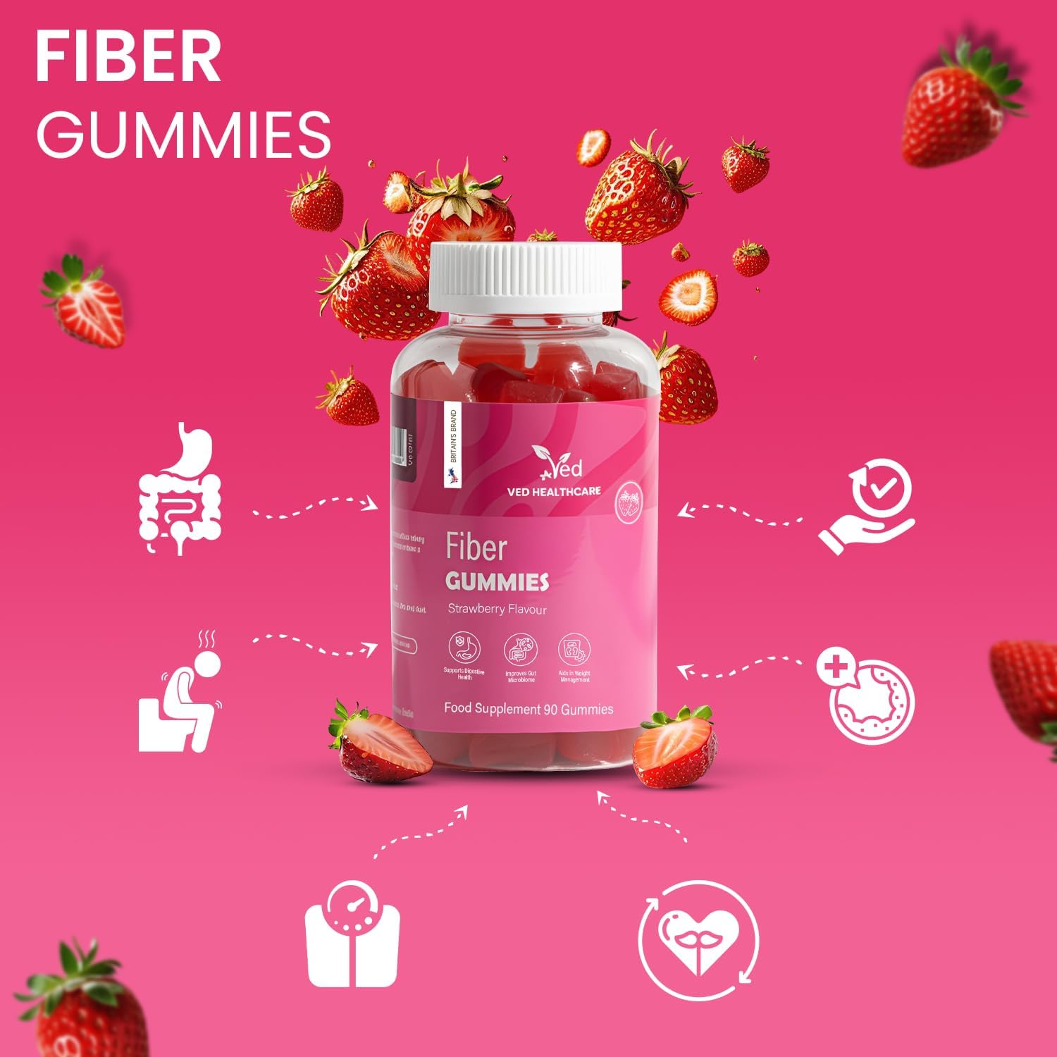 Fiber Vegan Gummies, 90 Gummies, 1 Month Supply, Strawberry Flavour, Vitamin B12 & B6, 3 Per Day, Gluten-Free - by VED
