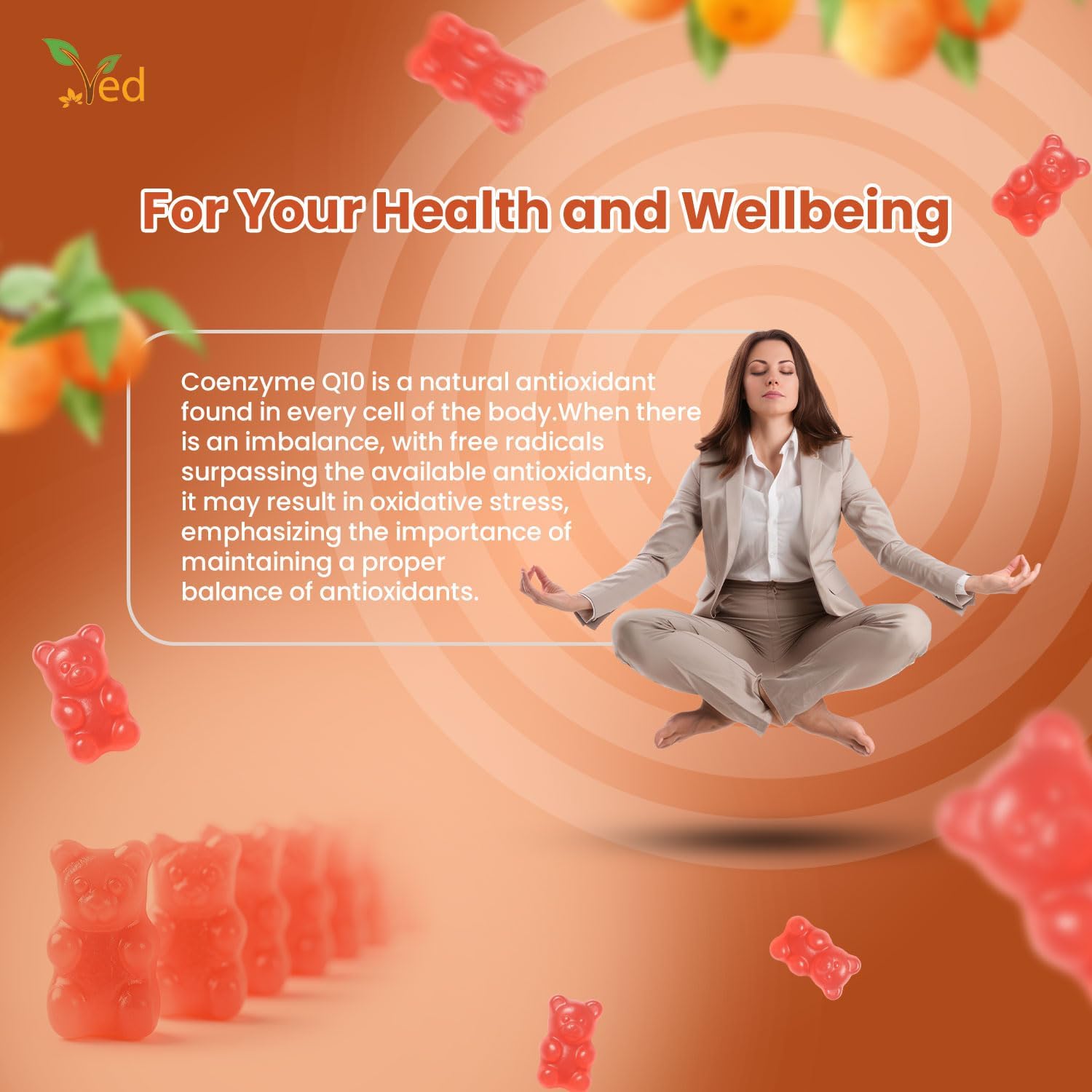Ved CoQ10 Gummies, 60 Count, Natural Peach Flavor,Vegan, Non-GMO, Gluten Free.