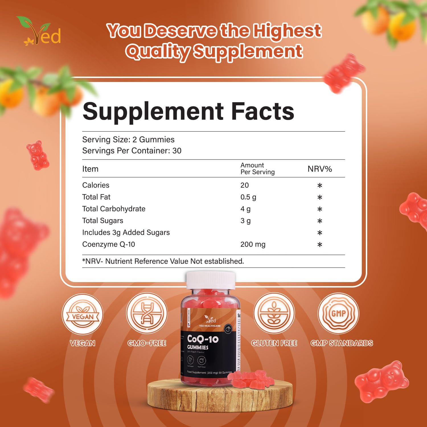 Ved CoQ10 Gummies, 60 Count, Natural Peach Flavor,Vegan, Non-GMO, Gluten Free.
