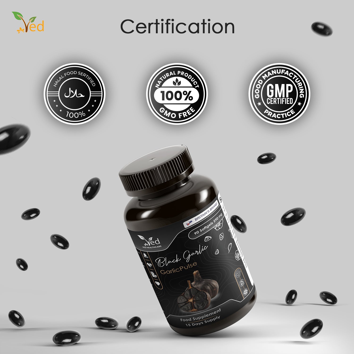 VED GarlicPulse, 90 Softgels, Fermented & Odorless Black Garlic Supplement with White Hawthorn Flower and Leaf, White Mistletoe herb, Non-GMO, Halal, 6 Softgels per Day