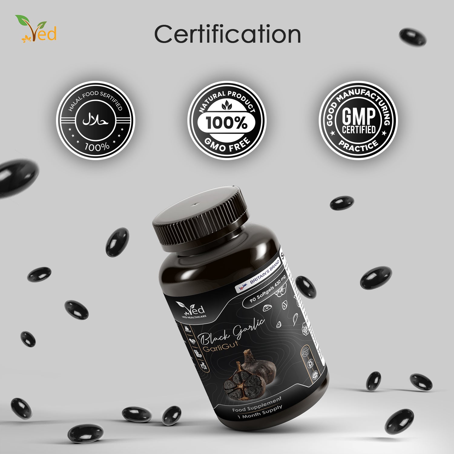 VED GarliGut, 90 Softgels, Fermented & Odorless Black Garlic Supplement with chamomile flower, peppermint leaf, caraway fruit, angelica archangelica root, rosemary leaf, Non-GMO, Halal, 3 Softgels/Day