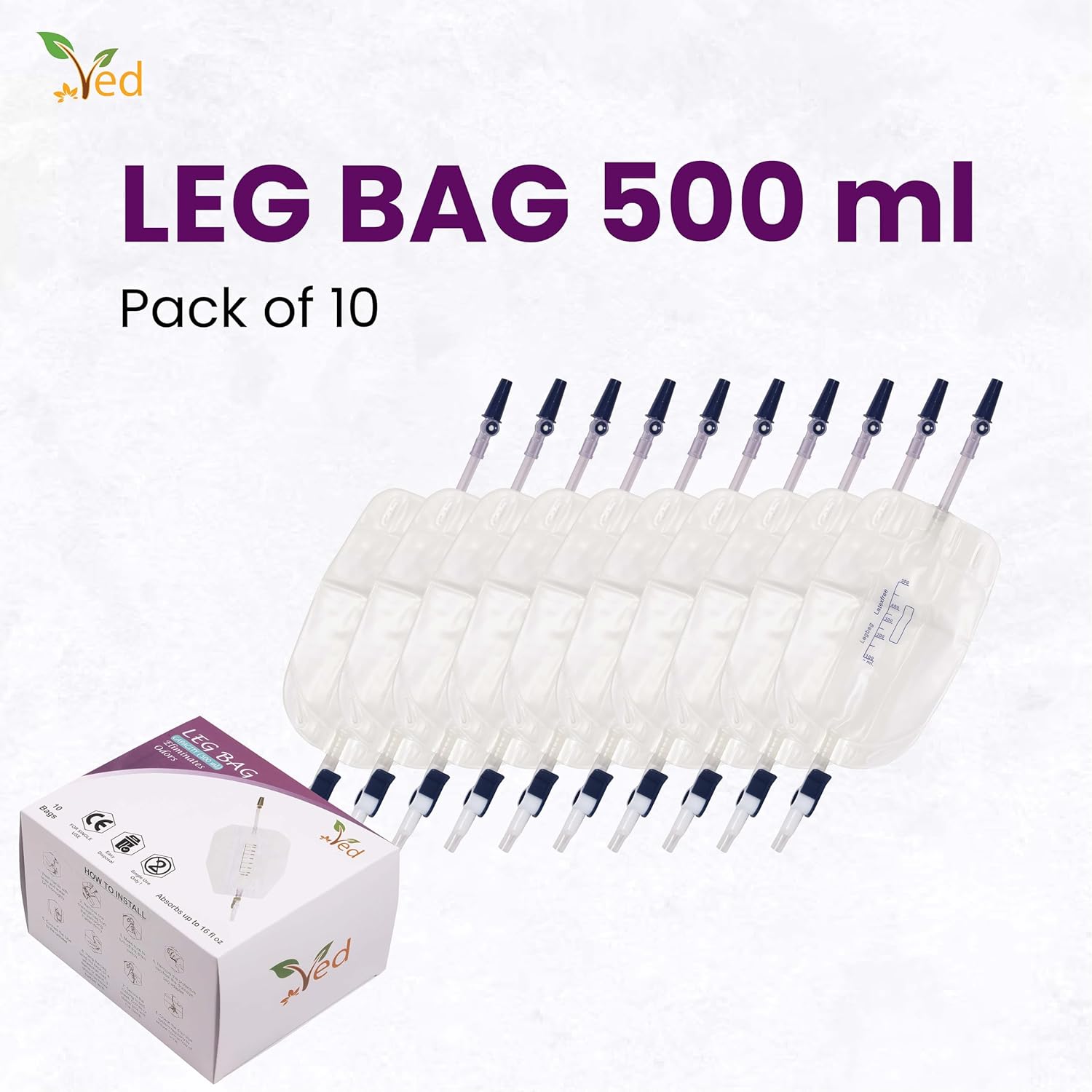 Ved Urine Fabric Leg Bag, T Tap or Lever Tap with Soft Fabric Backing and a Natural Leg-Shape Design, 500ml (Pack of 10).
