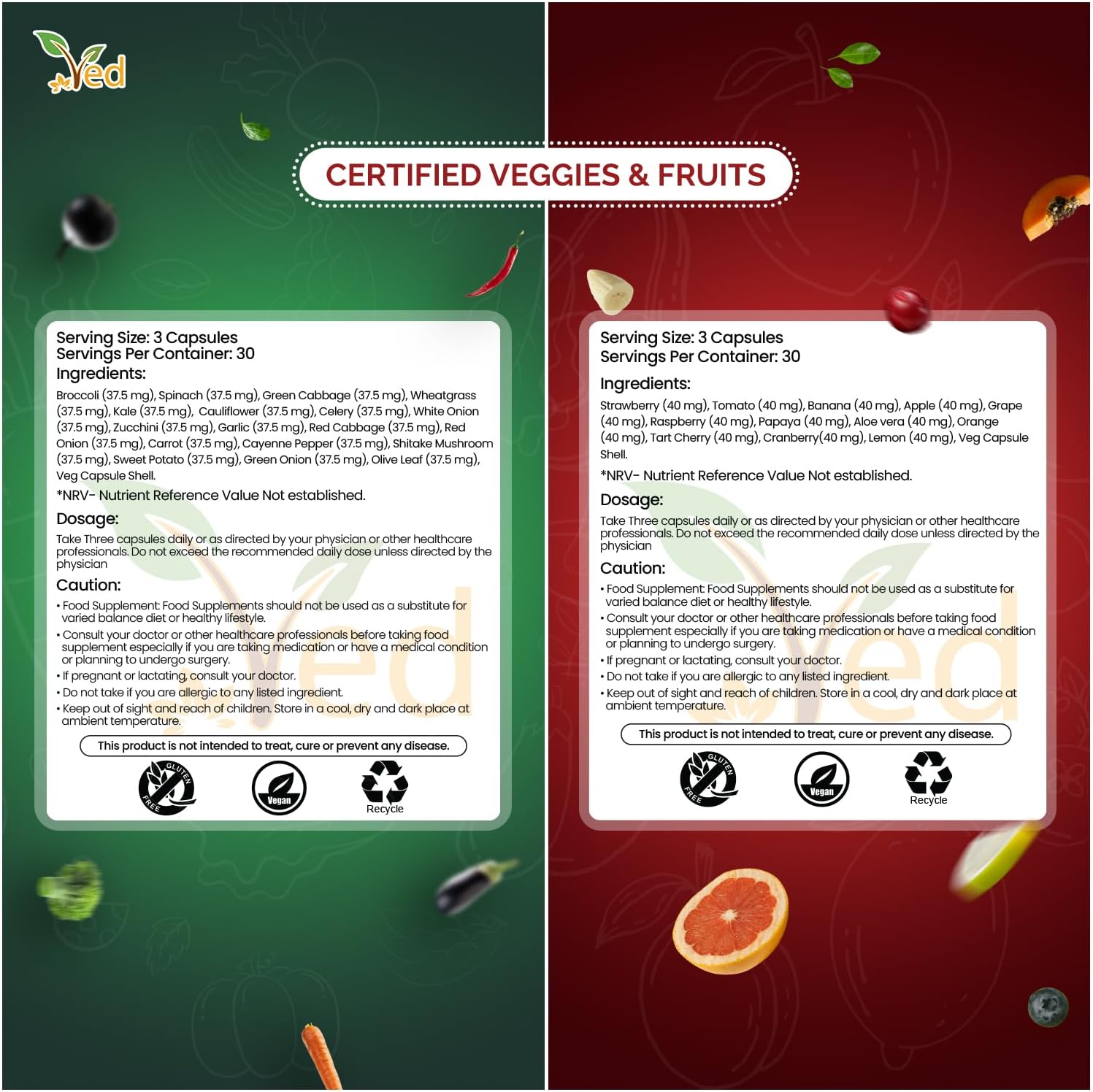 Ved Balance of Fruits and Veggies Supplements, Fresh Formula with Vitamins and Minerals from Fruits and Vegetables, (90 Vegan Capsules (Pack of 2))