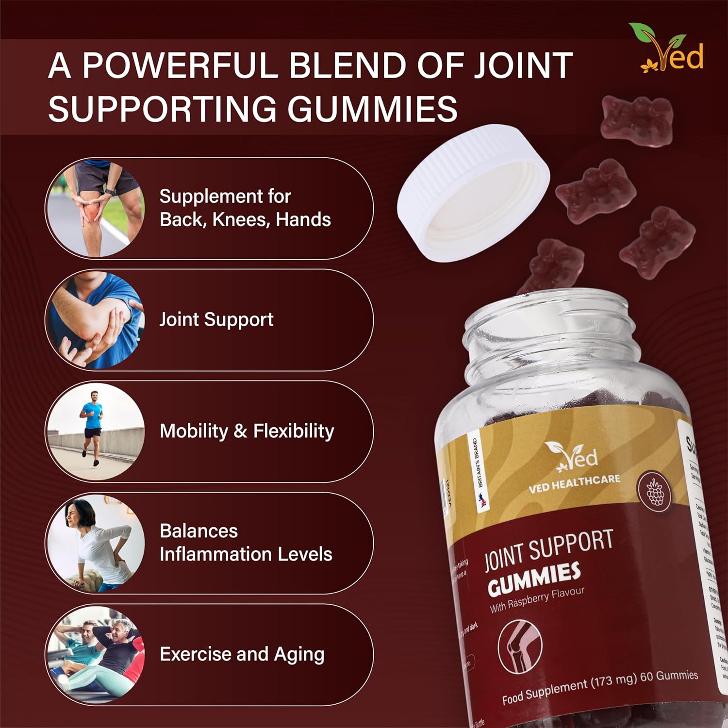 Ved Joint Support Supplement Gummies for Adults, Men and Women, Chewable Joint Support Gummy,173 mg per Serving, 60 Gummies(60 Days Supply)