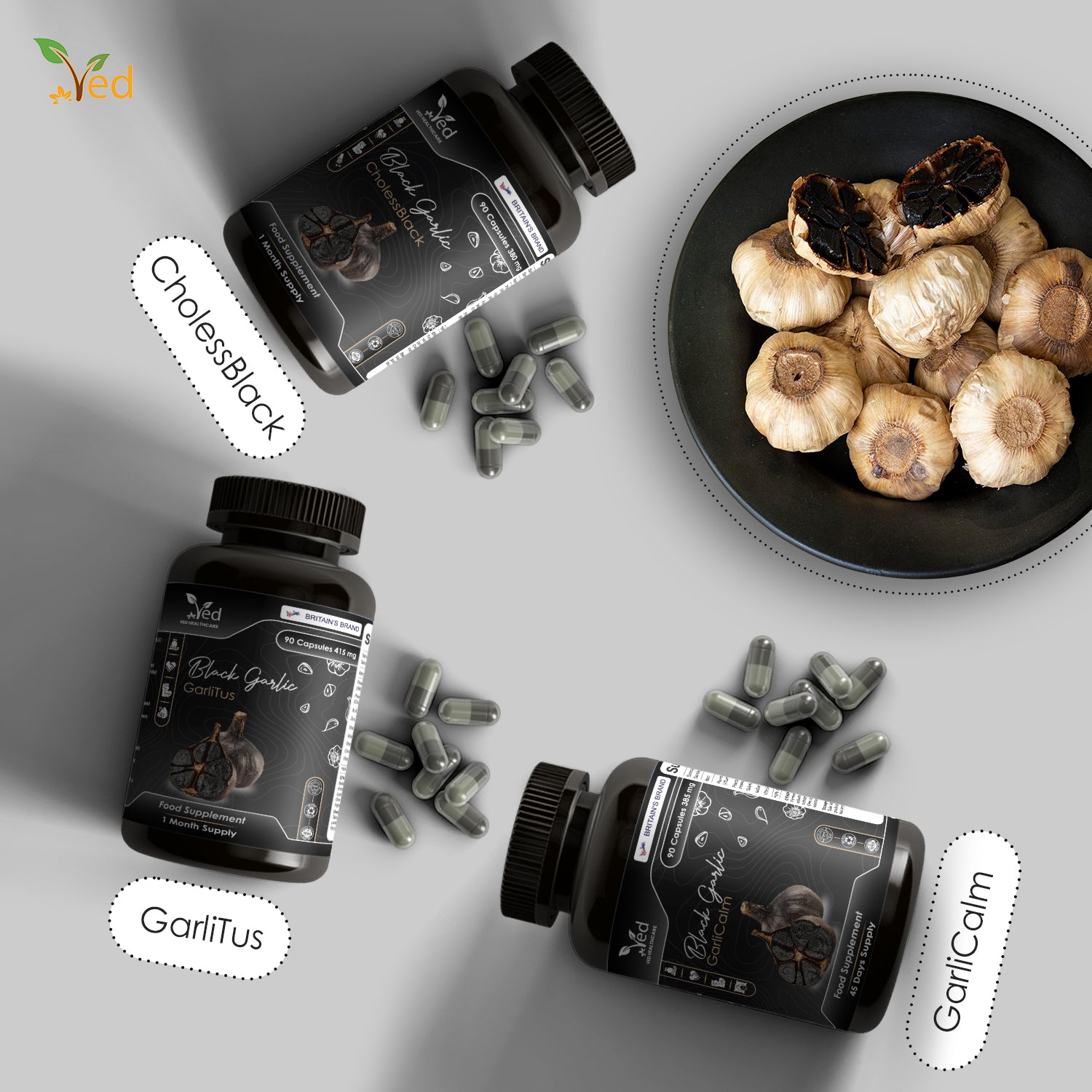 VED GarlicPulse, 90 Softgels, Fermented & Odorless Black Garlic Supplement with White Hawthorn Flower and Leaf, White Mistletoe herb, Non-GMO, Halal, 6 Softgels per Day