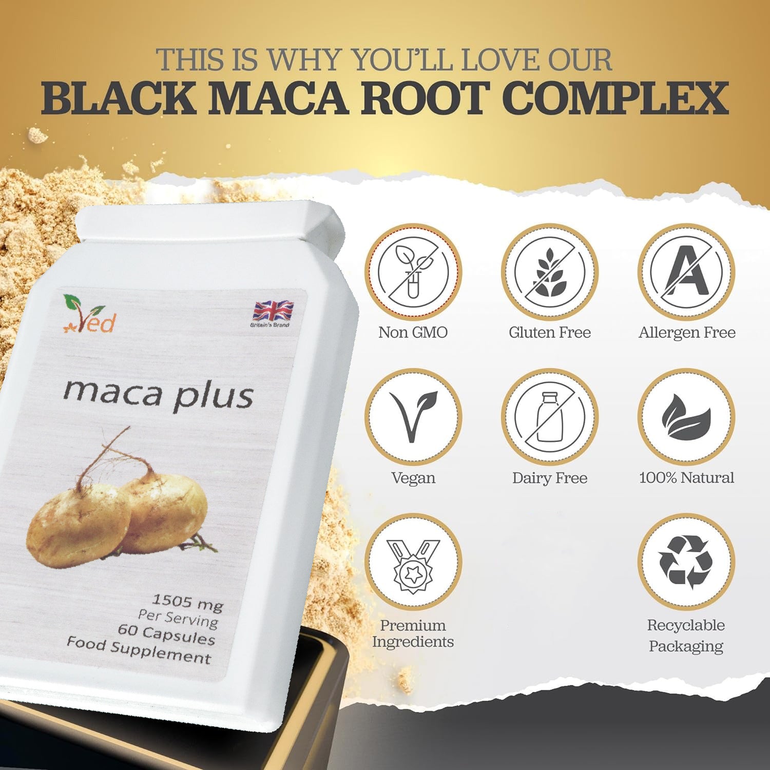 Ved Organic Maca Root Black 60 capsules (30 Days Supply).