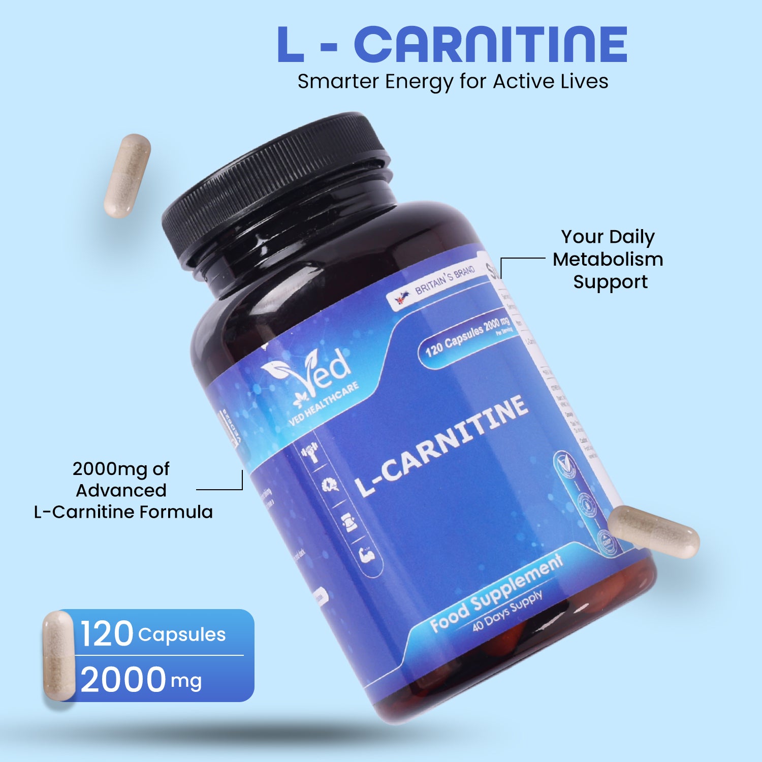 L -Carnitine Supplement 120 Vegan Capsules – Pure L-Carnitine Powder Pre-Workout for Men & Women – Vegan, Gluten Free, GMO Free.