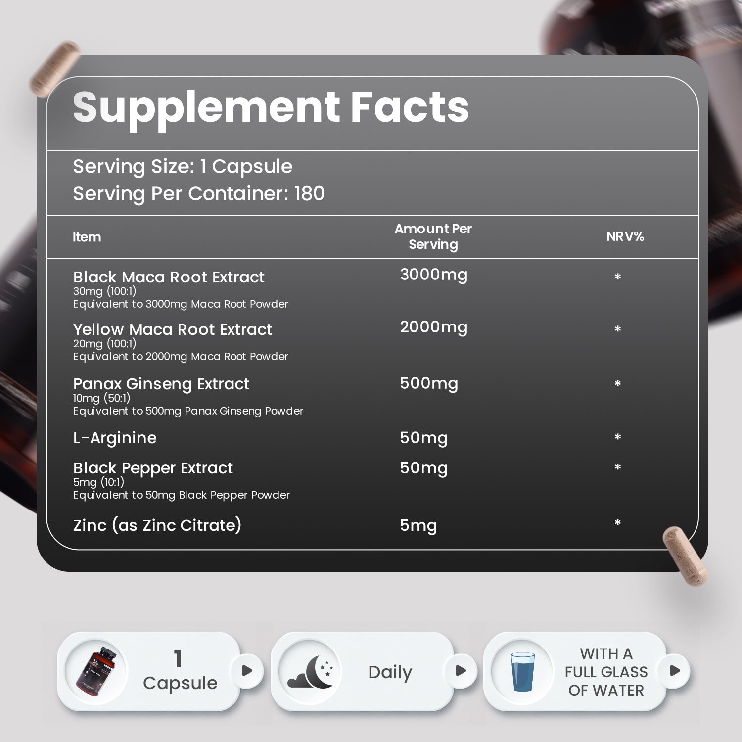 Maca Root Capsules 5550mg (High Strength) – 180 Vegan Black & Yellow Maca Capsules - 6 Month Supply – GMP Certified – with L-Arginine, Panax Ginseng, Black Pepper & Zinc