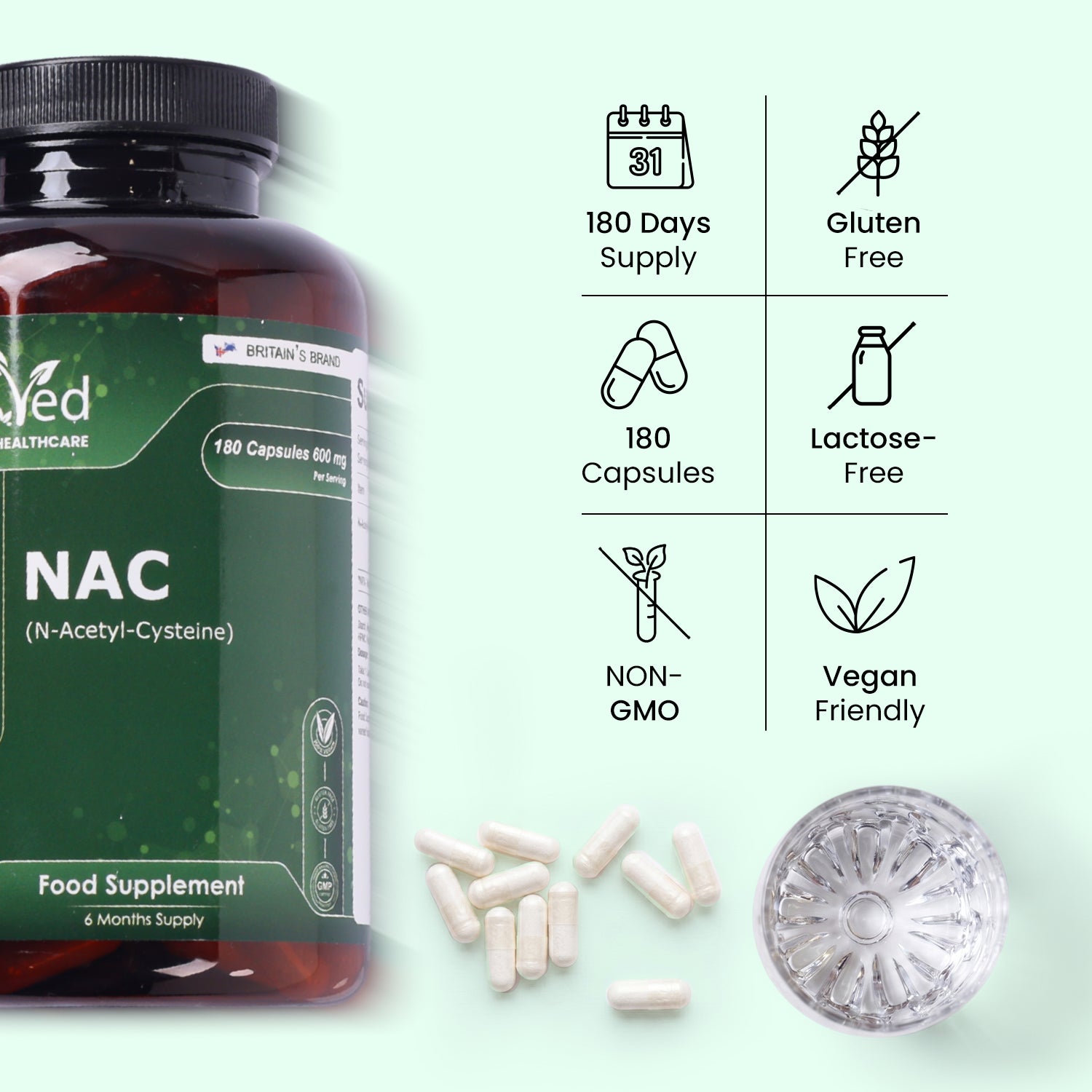 N-Acetyl-Cysteine (NAC) 600mg – 180 Vegan Capsules – One Capsule Daily – 6 Month Supply – Gluten Free Nutritional Supplement.