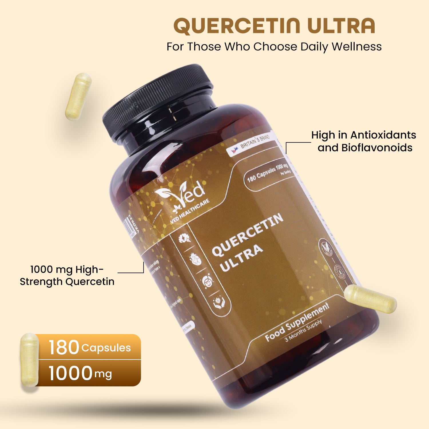 Quercetin 1000mg Supplement – 180 High Strength Vegan Capsules – 90 Day Supply – Non-GMO, Gluten Free Antioxidant Supplement.