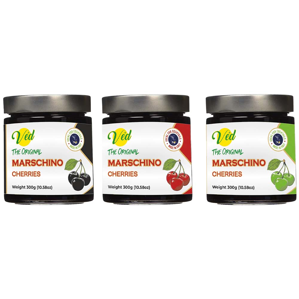 Ved Gourmet Original Black,Red & Green Maraschino Cherries - Italian Cherry for Old-Fashioned Cocktails - Vegan Cocktail, Bourbon Cherries in Natural Syrup for Cocktail Garnish