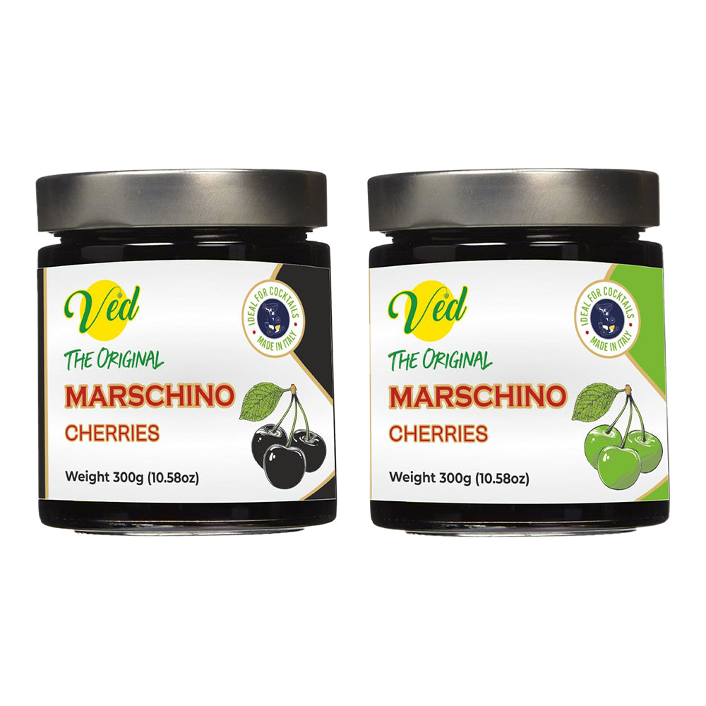 Ved Gourmet Original Black & Green Maraschino Cherries - Italian Cherry for Old-Fashioned Cocktails - Vegan Cocktail, Bourbon Cherries in Natural Syrup for Cocktail Garnish
