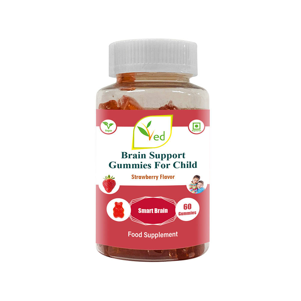 Ved Brain Support Gummies for Child ; BSA Chews Strawberry Flavour, Raw Unfiltered Omega 3-6-9 & DHA Gummies, Vegetarian Vegan Health Supplement for Children - 60 Chews 20 Days’ Supply