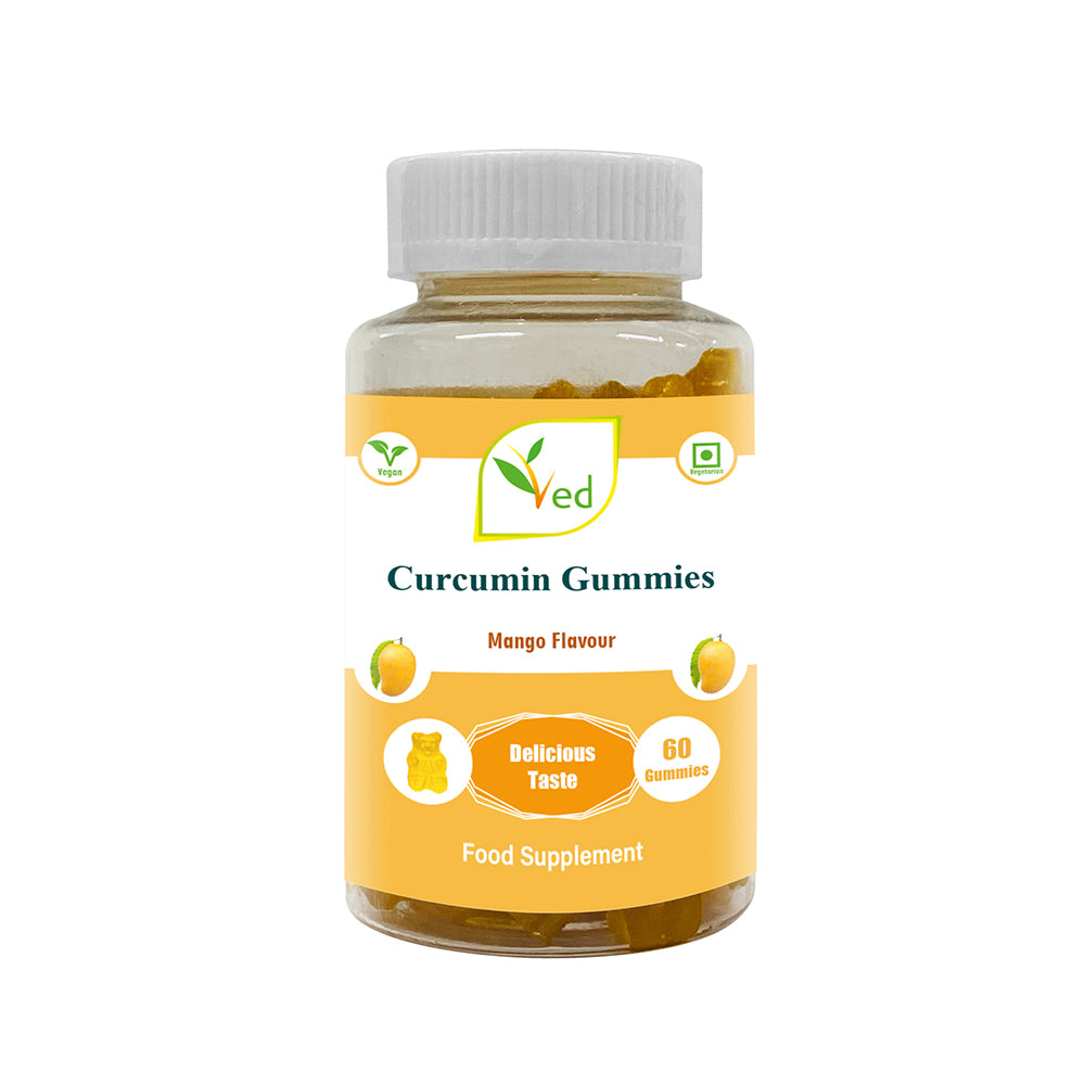 Ved Curcumin Gummies; CCM Chews Mango Flavour with Black Pepper, Raw Unfiltered Curcumin Gummies with Mother Culture, Vegetarian Vegan Health Supplement for Men and Women- 60 Chews 30 Days’ Supply
