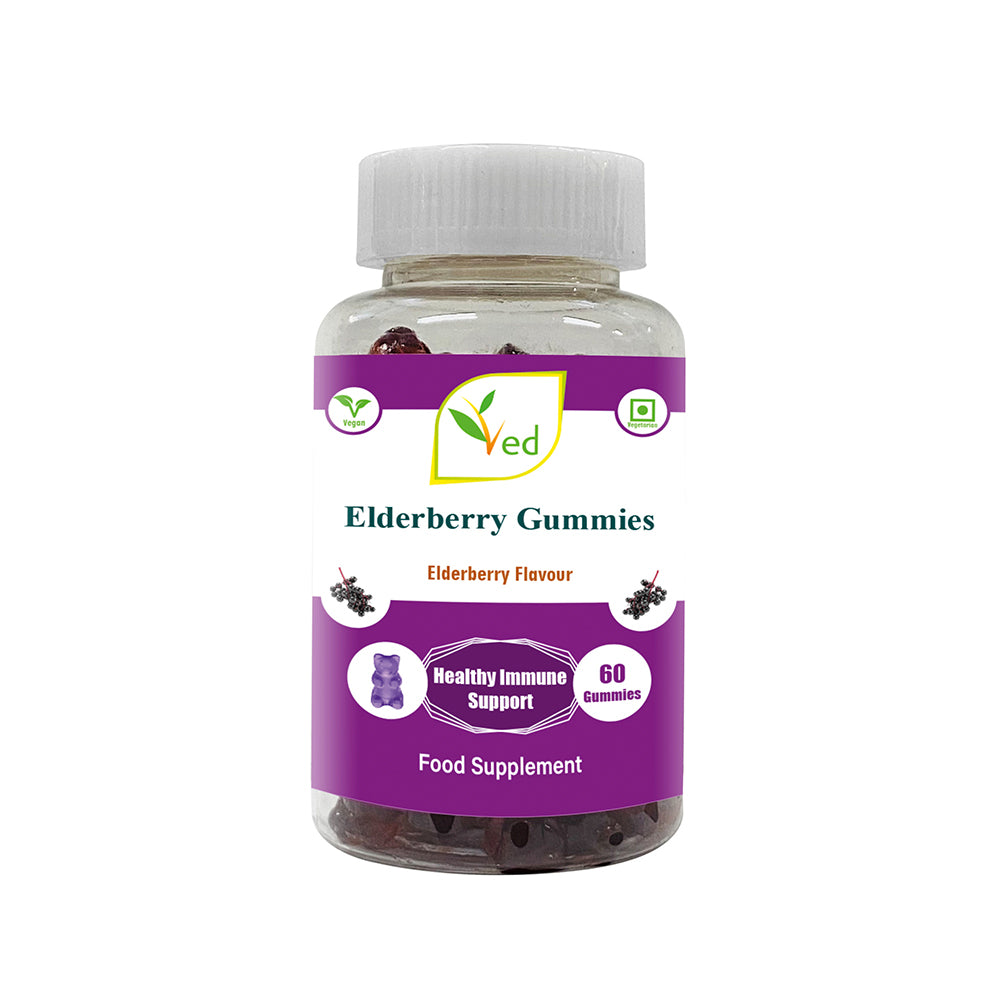 Ved Elderberry Gummies; EDB Chews Elderberry Flavour with Vitamin C and Zinc, Raw Unfiltered Elderberry Gummies, Vegetarian Vegan Health Supplement for Men and Women- 60 Chews 30 Days’ Supply