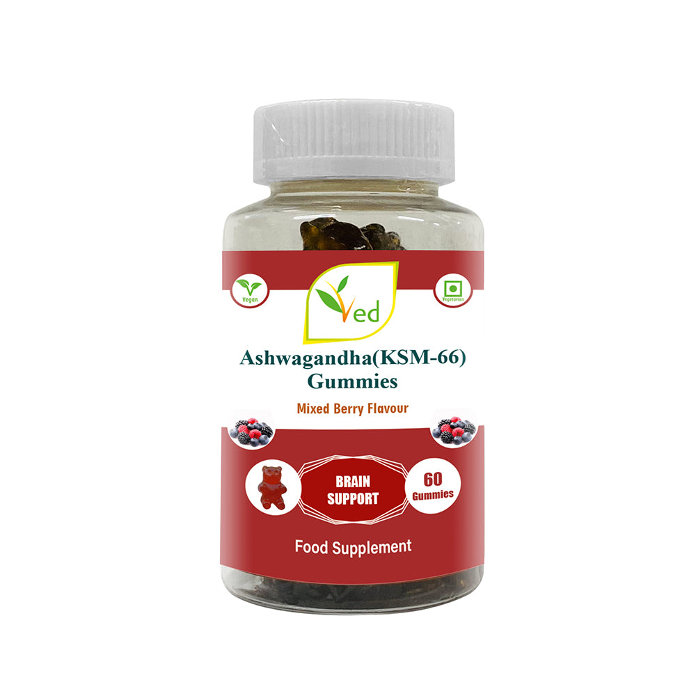 Ved Ashwagandha (KSM-66) Gummies; ASG Chews Mixed Berry Flavour, Raw Unfiltered Ashwagandha Gummies with Mother Culture, Vegetarian Vegan Health Supplement for Men and Women- 60 Chews 30 Days’ Supply